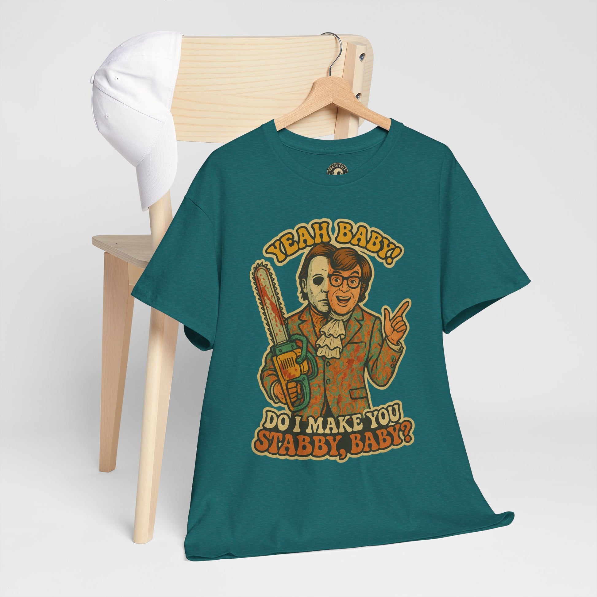 Mike Myers Parody Shirt – “Do I Make You Stabby, Baby?” Funny Horror Mashup Tee – Gildan 5000 Unisex