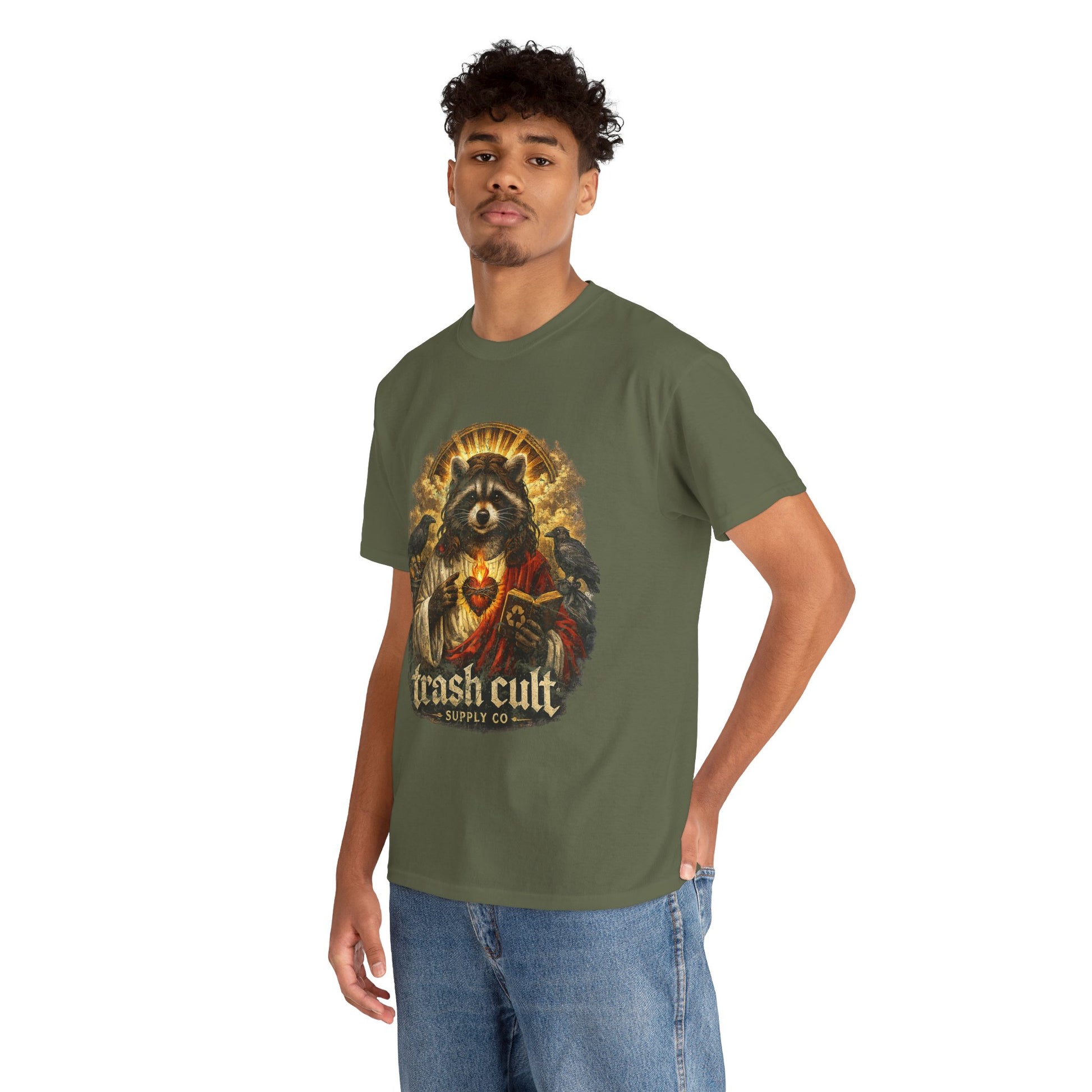 Raccoon Saint Graphic Tee — “Trash Cult” Vintage Devotional Design