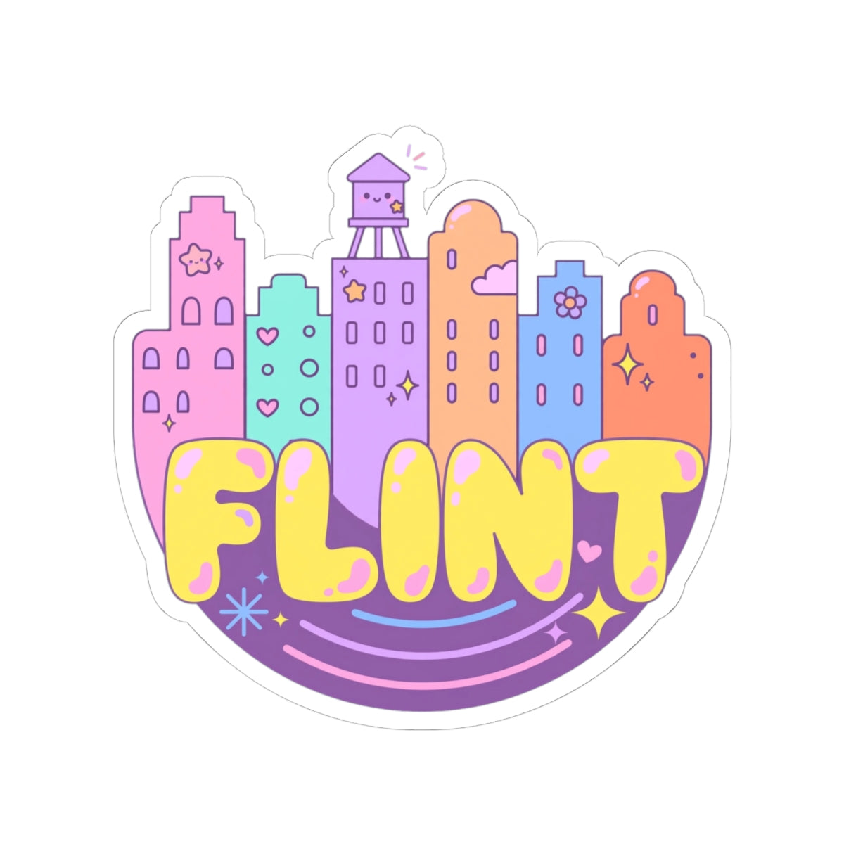 Flint City Skyline Kiss-Cut Sticker — Cute Pastel Laptop Sticker