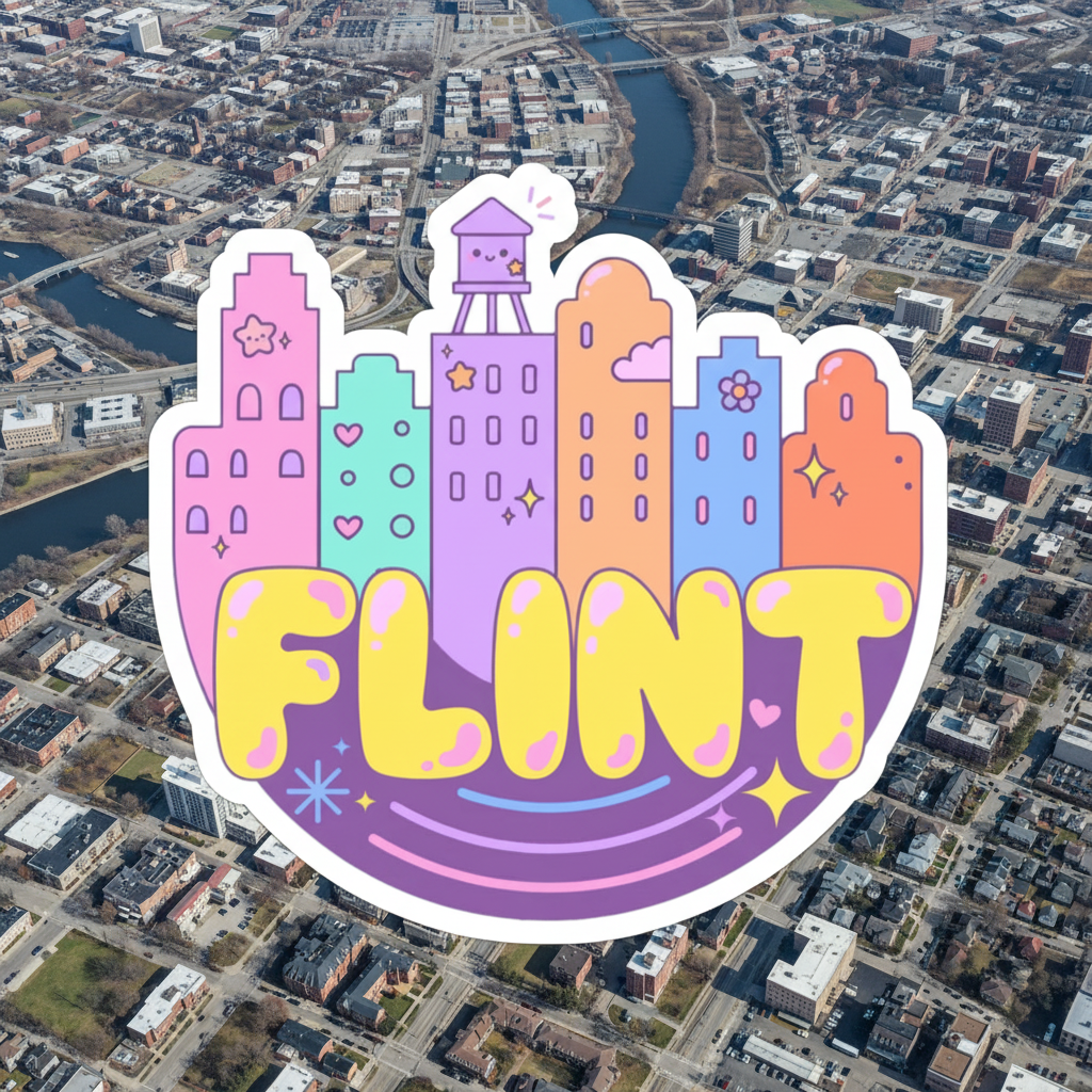 Flint City Skyline Kiss-Cut Sticker — Cute Pastel Laptop Sticker