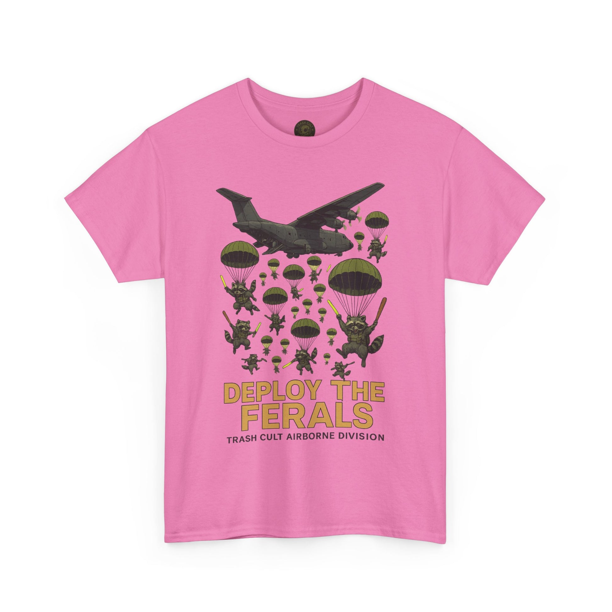 Deploy the Ferals T-Shirt – Airborne Raccoon Drop Graphic | Trash Cult Supply Co. | Gildan 5000 Heavy Cotton Tee