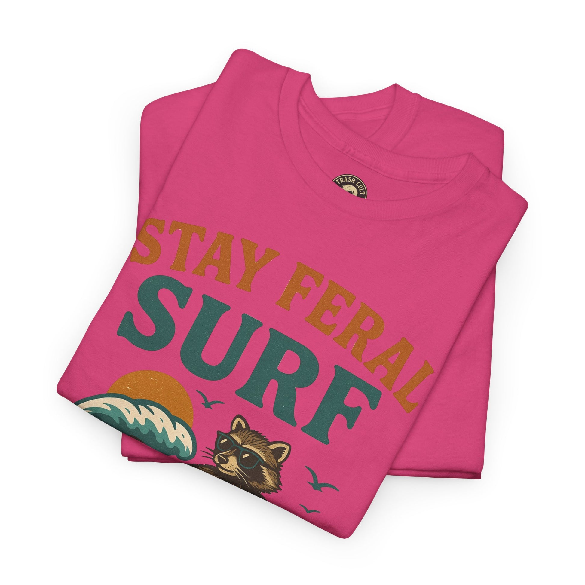 Stay Feral Surf Shirt – Retro Raccoon Beach Tee – Trash Cult Supply Co – Gildan 5000