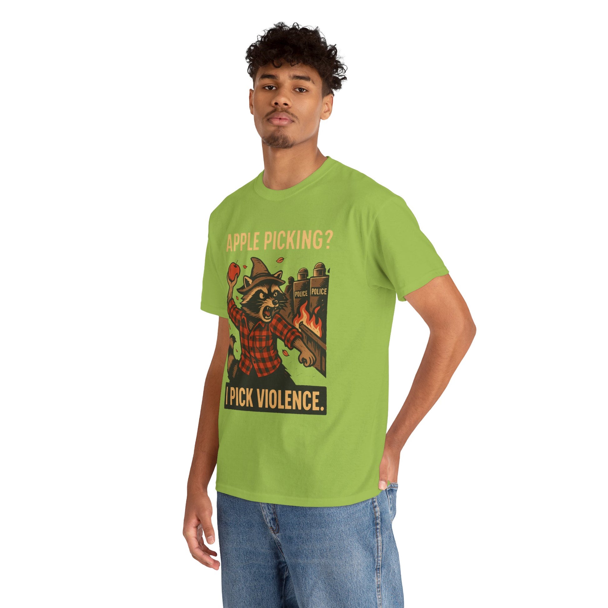 Apple Picking? I Pick Violence Shirt – Angry Raccoon Riot Tee – Fall of Humanity Collection – Trash Cult Supply Co.