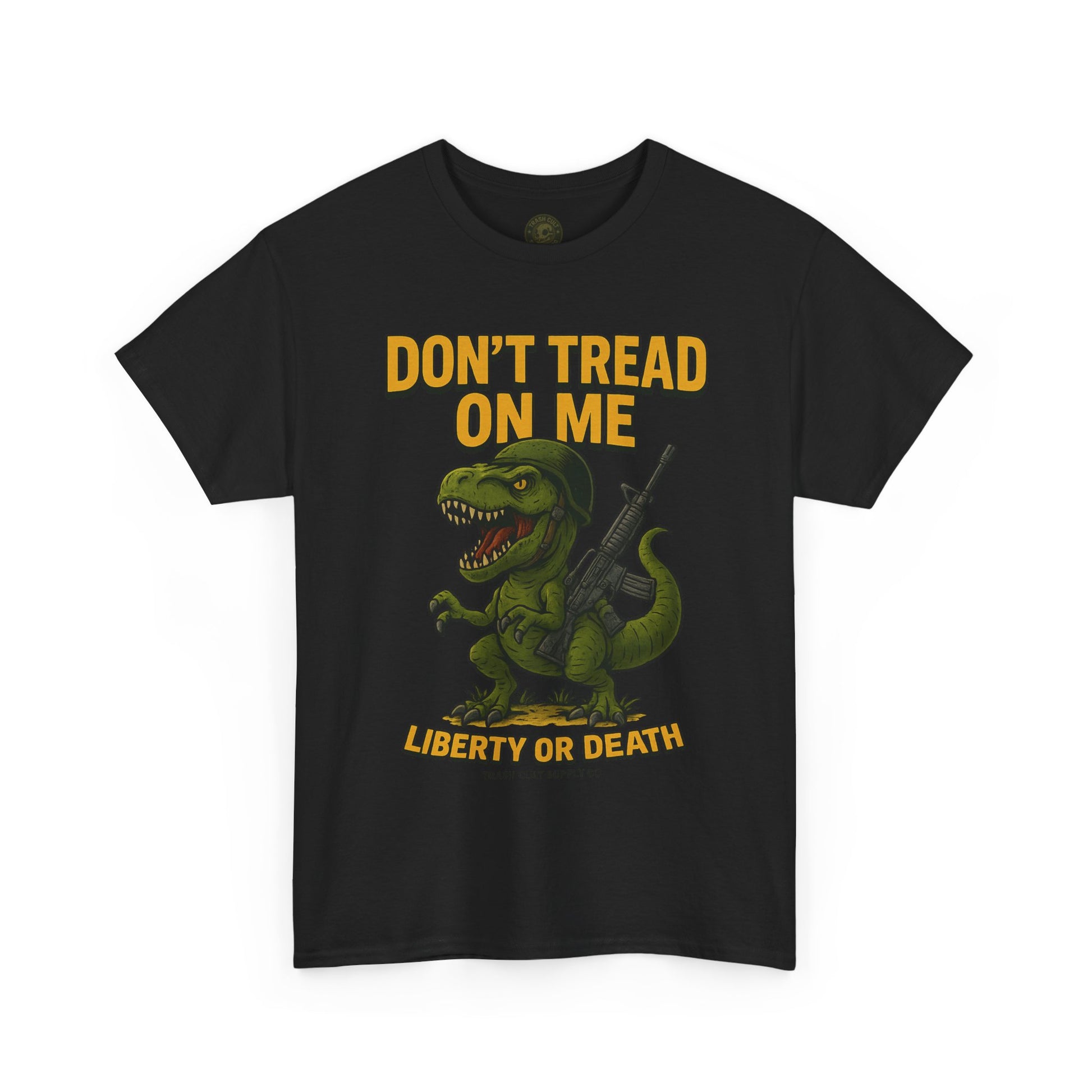 Don’t Tread On Me T-Rex T-Shirt – Liberty or Death Graphic | Trash Cult Supply Co. | Gildan 5000 Heavy Cotton