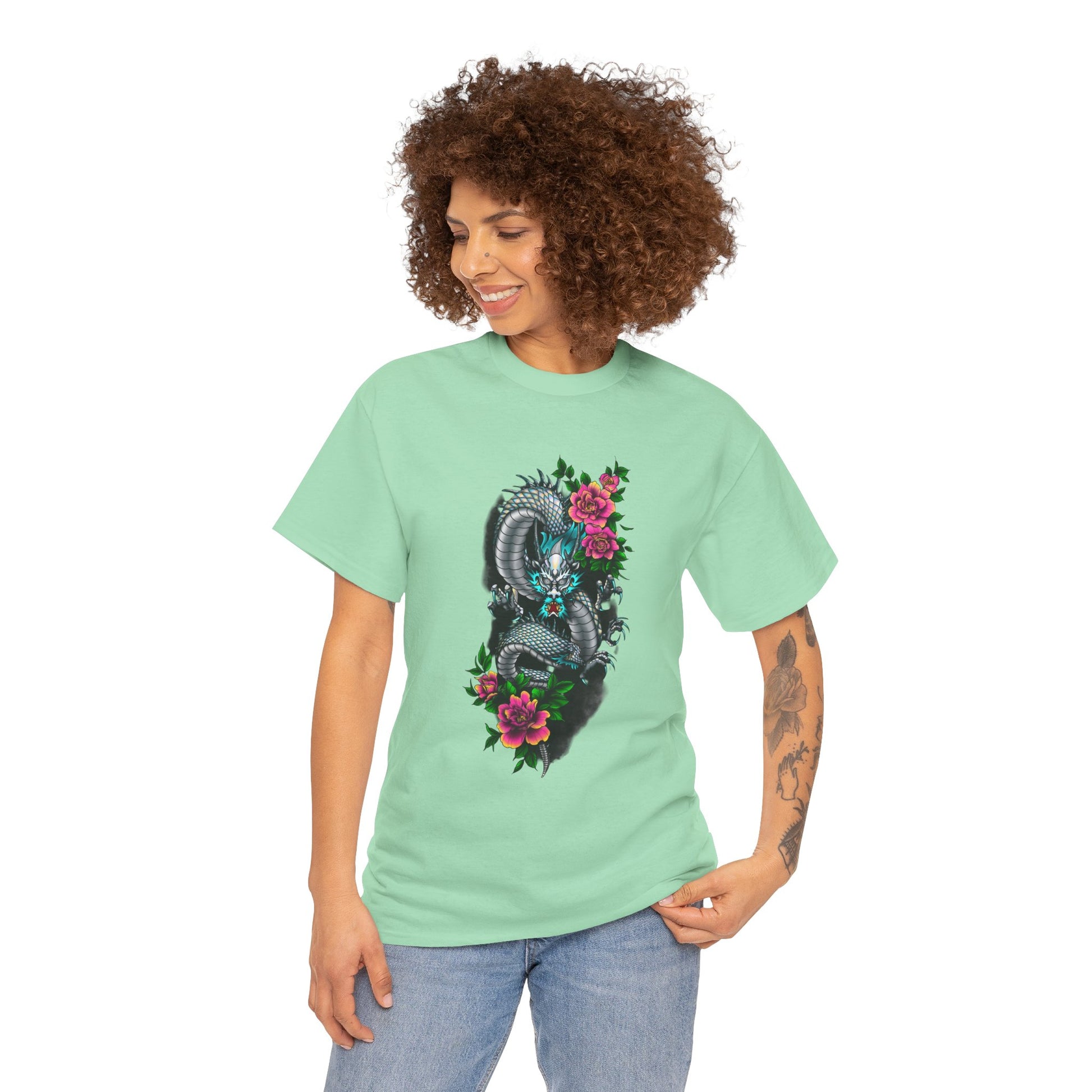 Mythic Dragon & Peonies Tattoo T-Shirt – Lara Davenport x Trash Cult Supply Co. Collab (Gildan 5000)