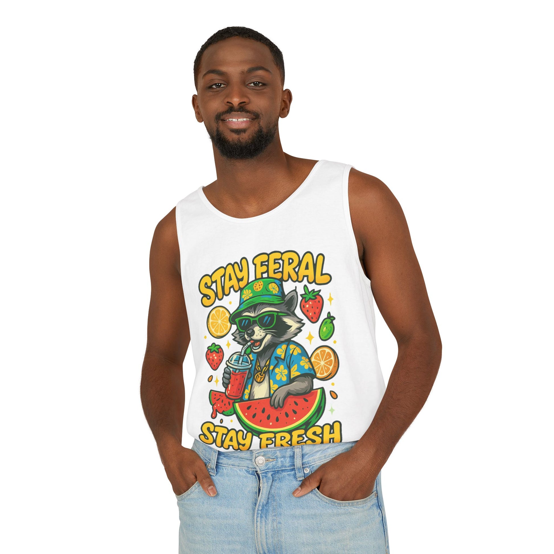 Stay Feral Stay Fresh Tank Top, Summer Apparel, Unisex Graphic Tee, Beachwear, Fun Gift for Animal Lovers