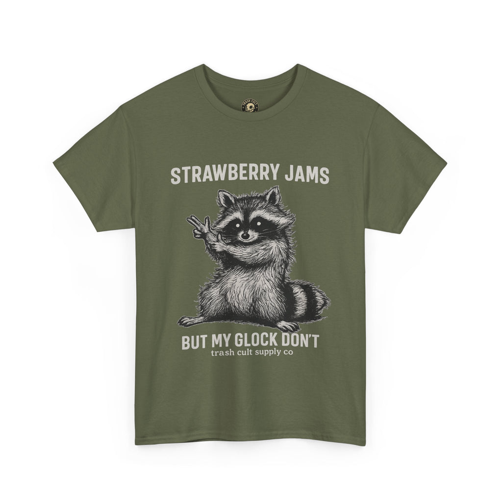 Strawberry Jams But My Glock Don’t Raccoon Shirt – Trash Cult Supply Co. Gildan 5000 Tee