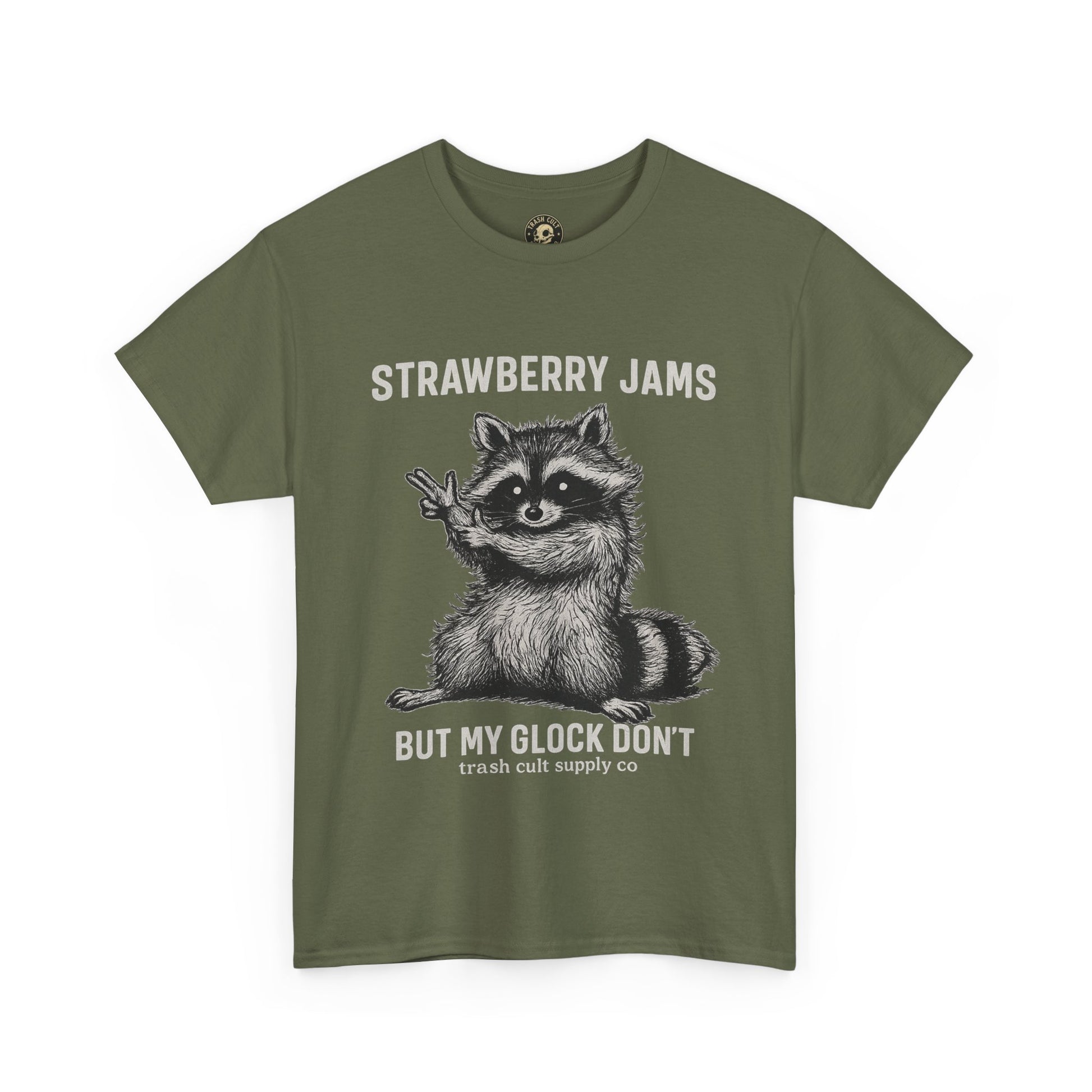 Strawberry Jams But My Glock Don’t Raccoon Shirt – Trash Cult Supply Co. Gildan 5000 Tee