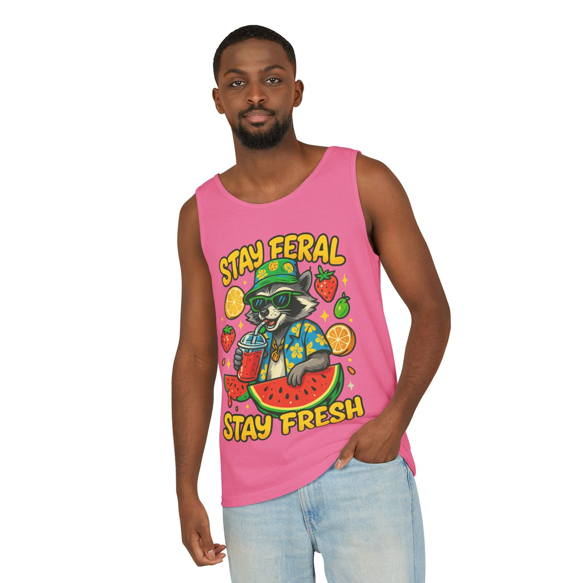 Stay Feral Stay Fresh Tank Top, Summer Apparel, Unisex Graphic Tee, Beachwear, Fun Gift for Animal Lovers