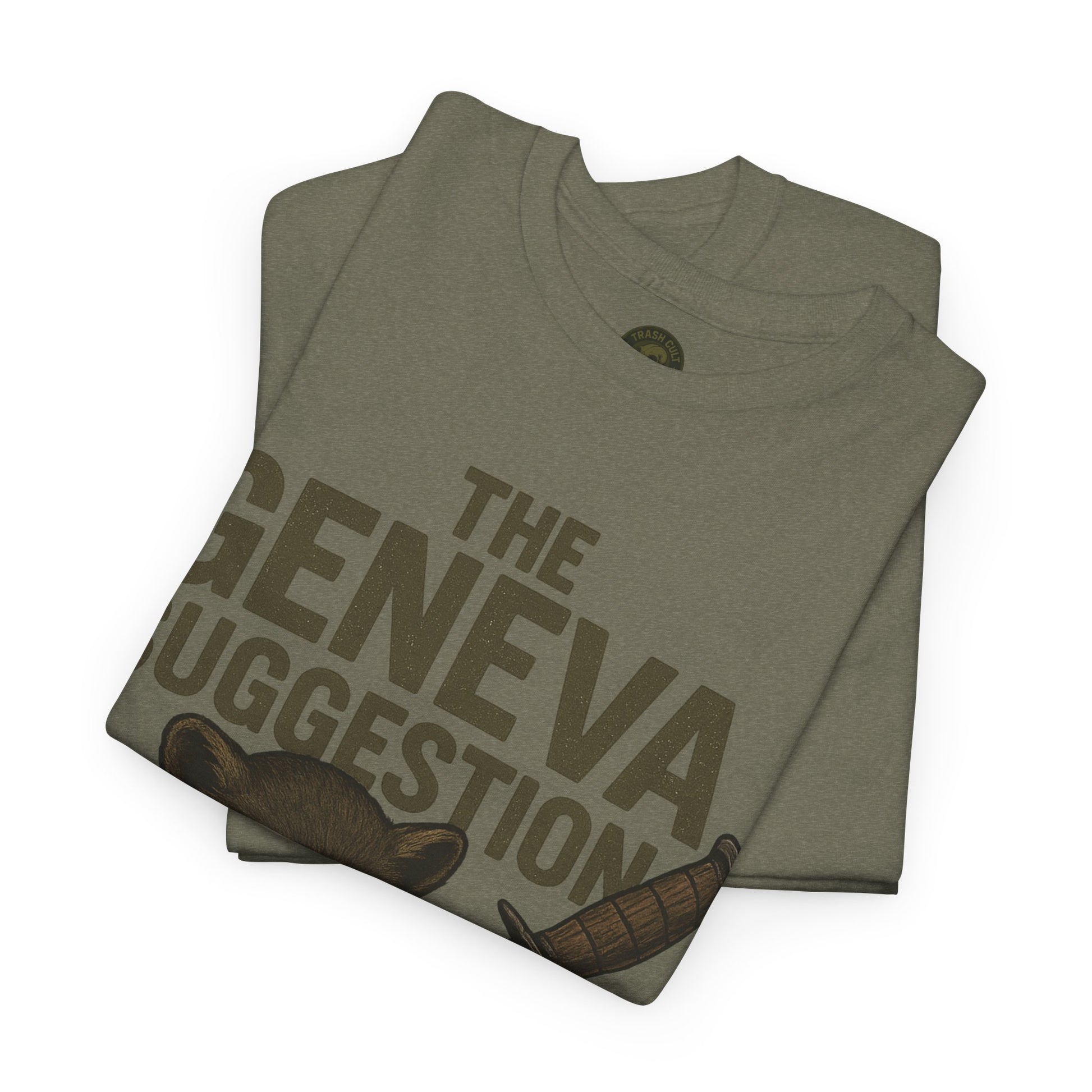 The Geneva Suggestion T-Shirt – Tactical Raccoon Dark Humor Tee | Trash Cult Supply Co. | Gildan 5000