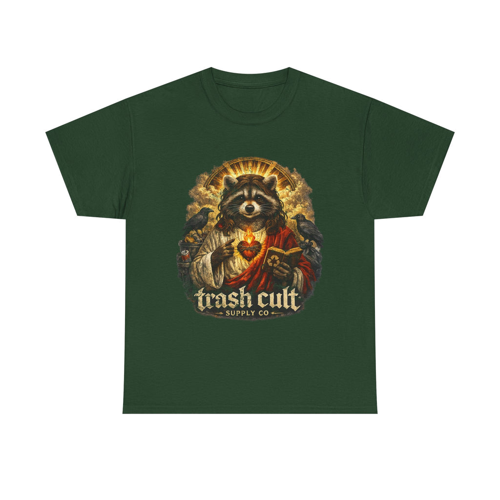 Raccoon Saint Graphic Tee — “Trash Cult” Vintage Devotional Design