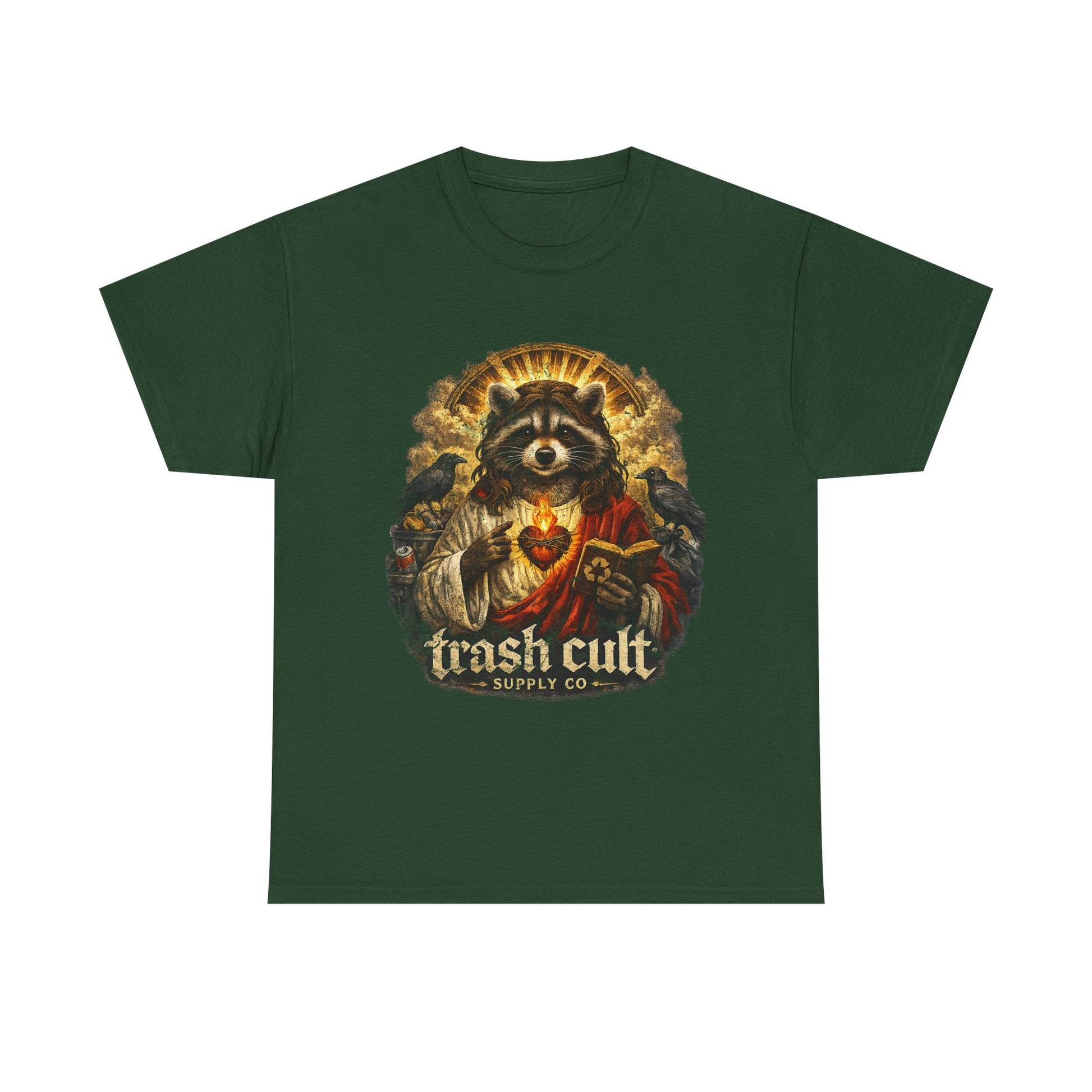 Raccoon Saint Graphic Tee — “Trash Cult” Vintage Devotional Design