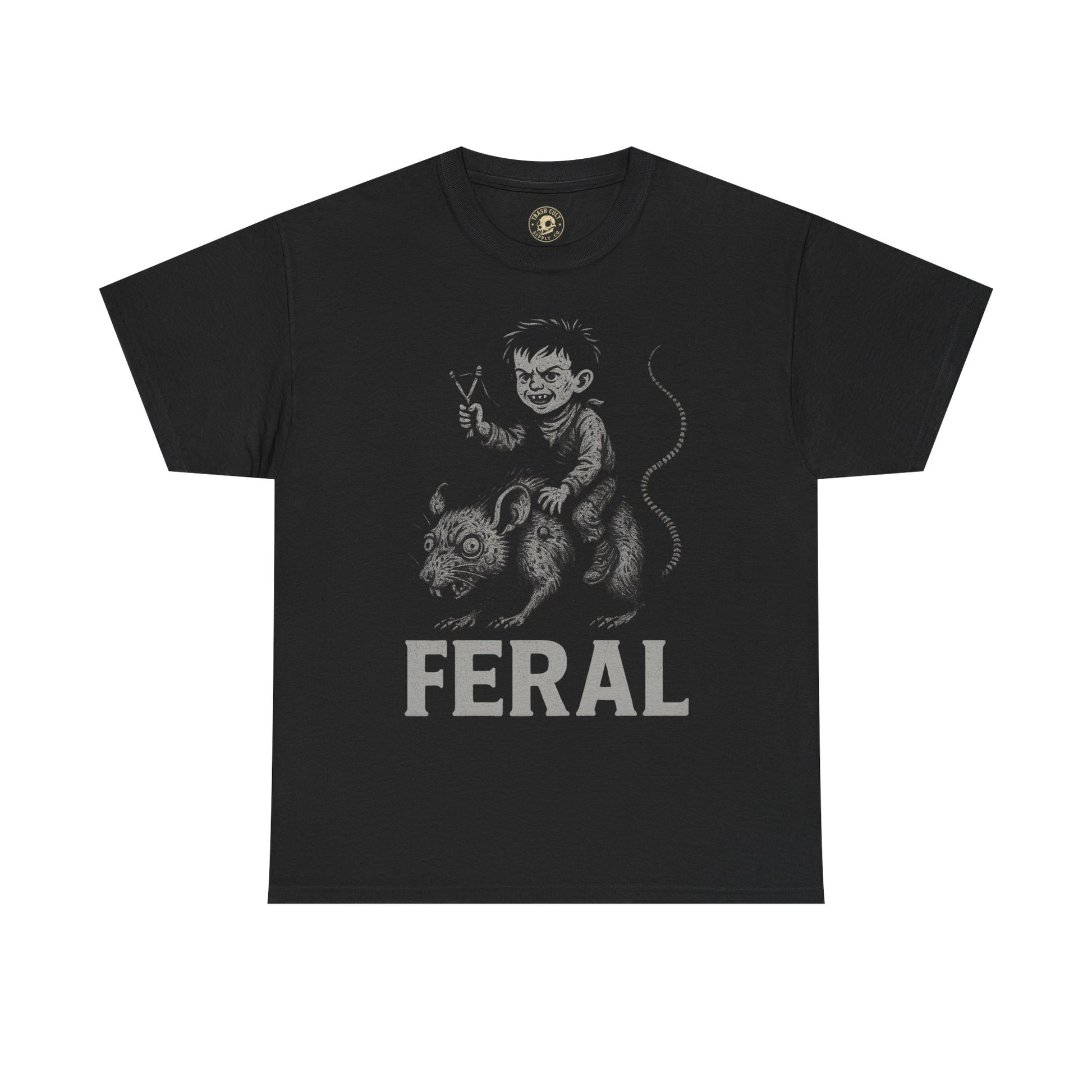 FERAL Rat Rider T-Shirt – Post-Apocalyptic Chaos Goblin Graphic Tee | Gildan 5000 Vintage Art Shirt