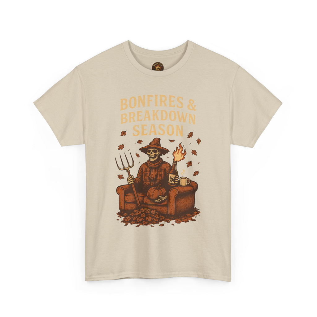Bonfires & Breakdown Season Shirt – Skeleton Couch Chaos Tee – Fall of Humanity Collection – Trash Cult Supply Co.