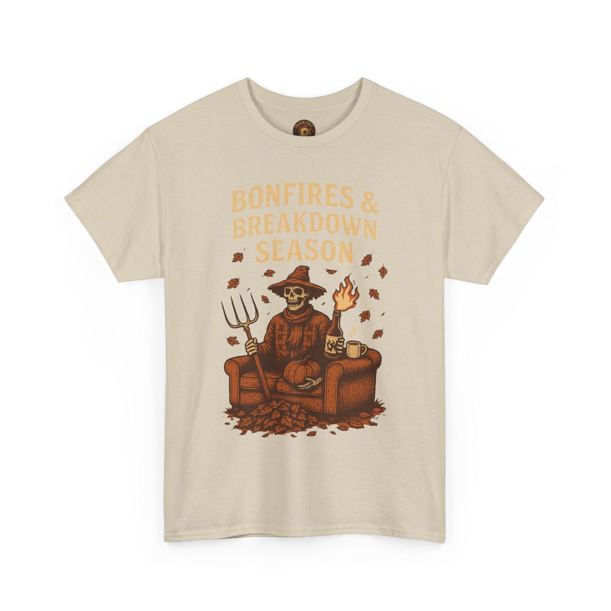 Bonfires & Breakdown Season Shirt – Skeleton Couch Chaos Tee – Fall of Humanity Collection – Trash Cult Supply Co.