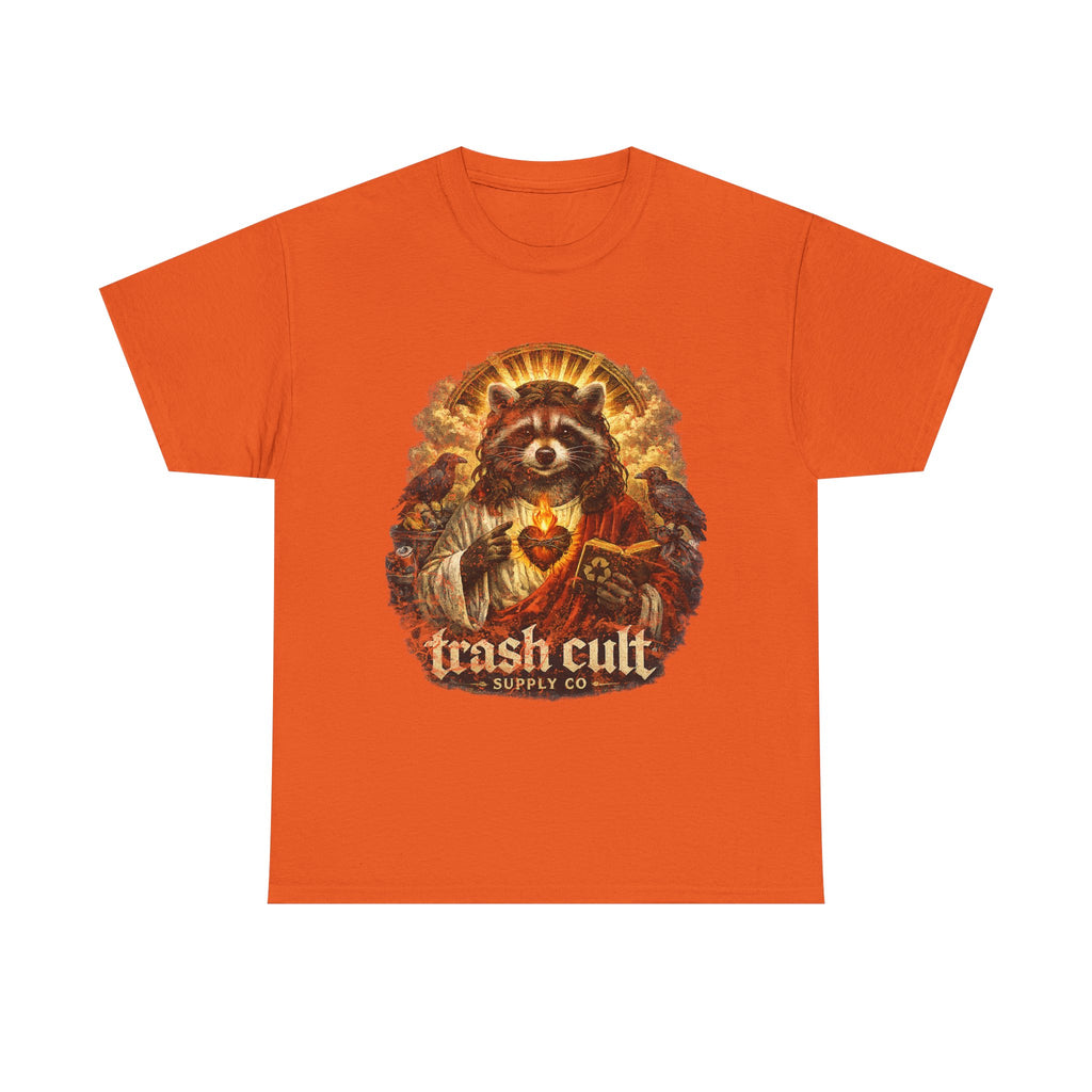 Raccoon Saint Graphic Tee — “Trash Cult” Vintage Devotional Design