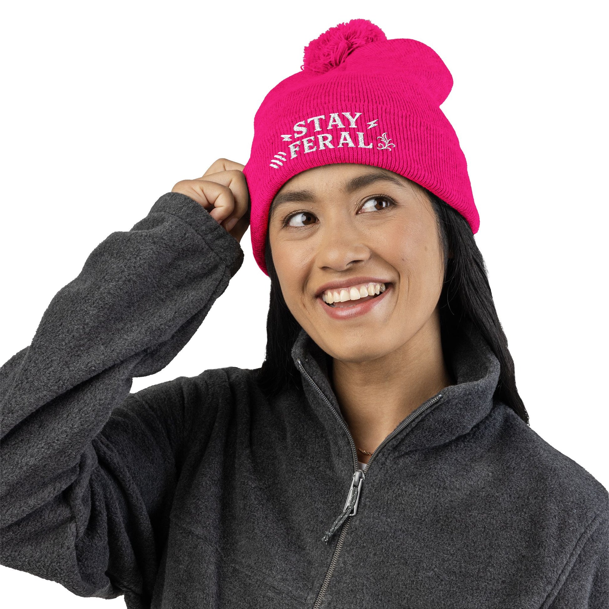 Stay Feral Pom-Pom Knit Cap, Cozy Winter Beanie, Embroidered Hats for Adventurers, Gift for Outdoorsy Friends, Stylish Cold Weather [...]