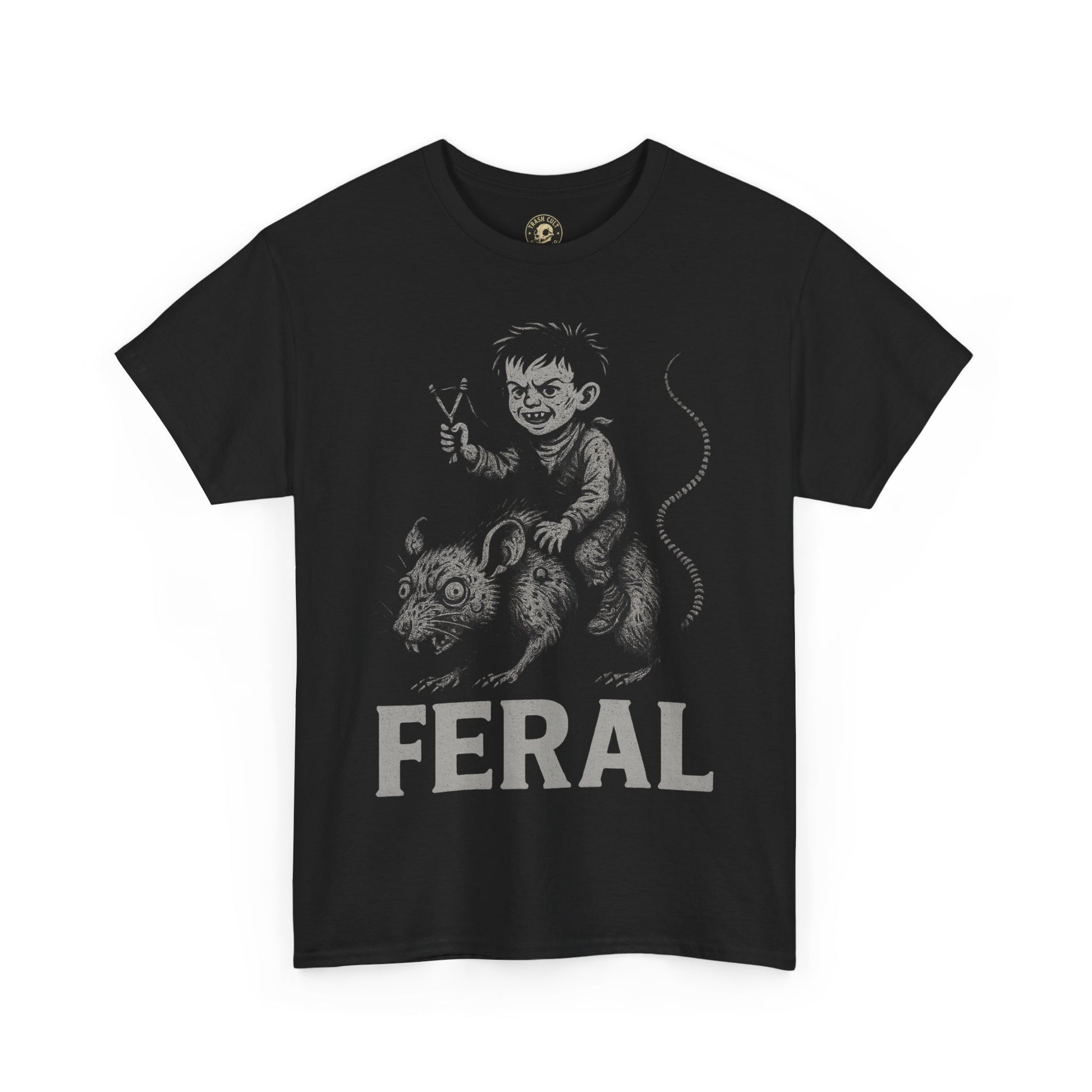 FERAL Rat Rider T-Shirt – Post-Apocalyptic Chaos Goblin Graphic Tee | Gildan 5000 Vintage Art Shirt