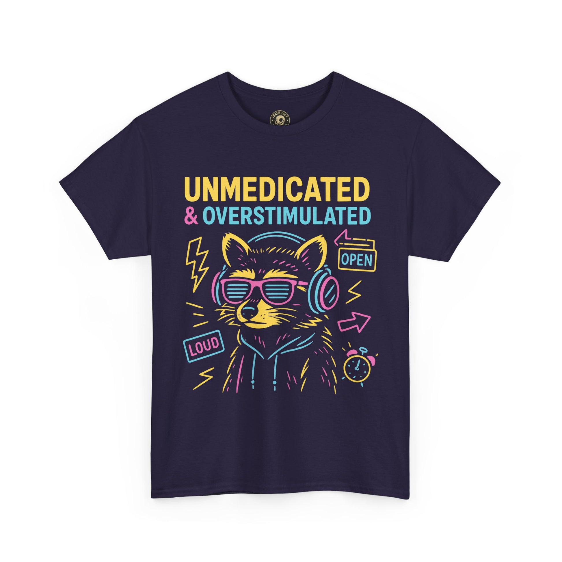 Unmedicated & Overstimulated Neon Raccoon ADHD Shirt – Trash Cult Supply Co. – Gildan 5000