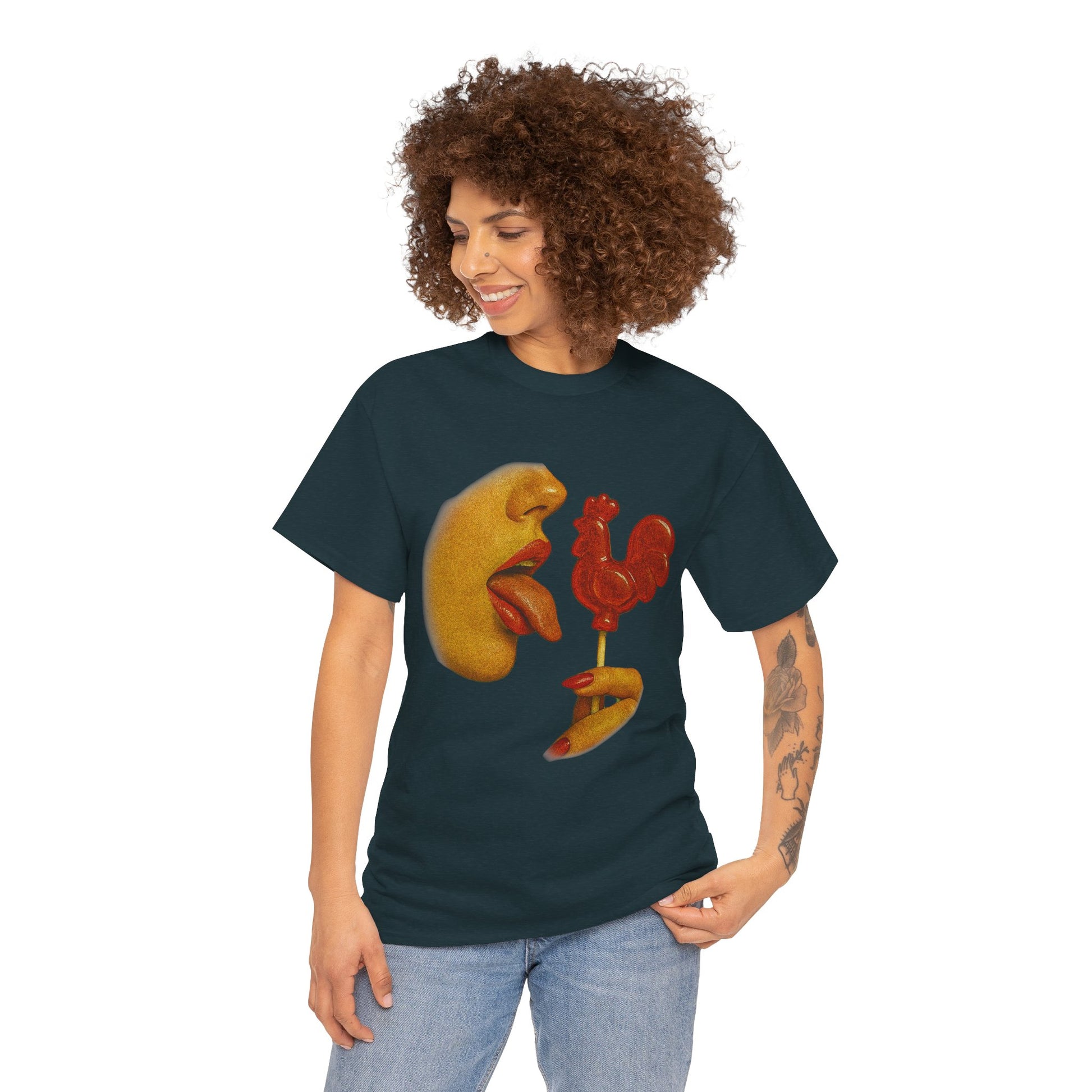 Bold Retro Halftone Tease – Red Rooster Lollipop Graphic Tee