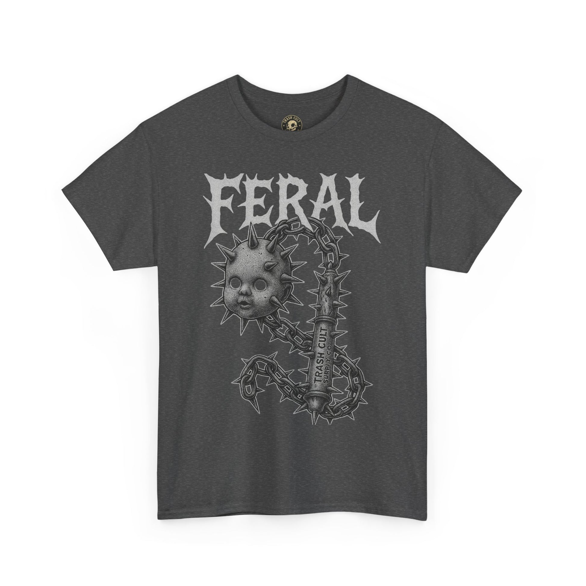 FERAL Spiked Doll Flail Tee – Halftone Gothic Weapon Shirt | Trash Cult Supply Co. | Gildan 5000