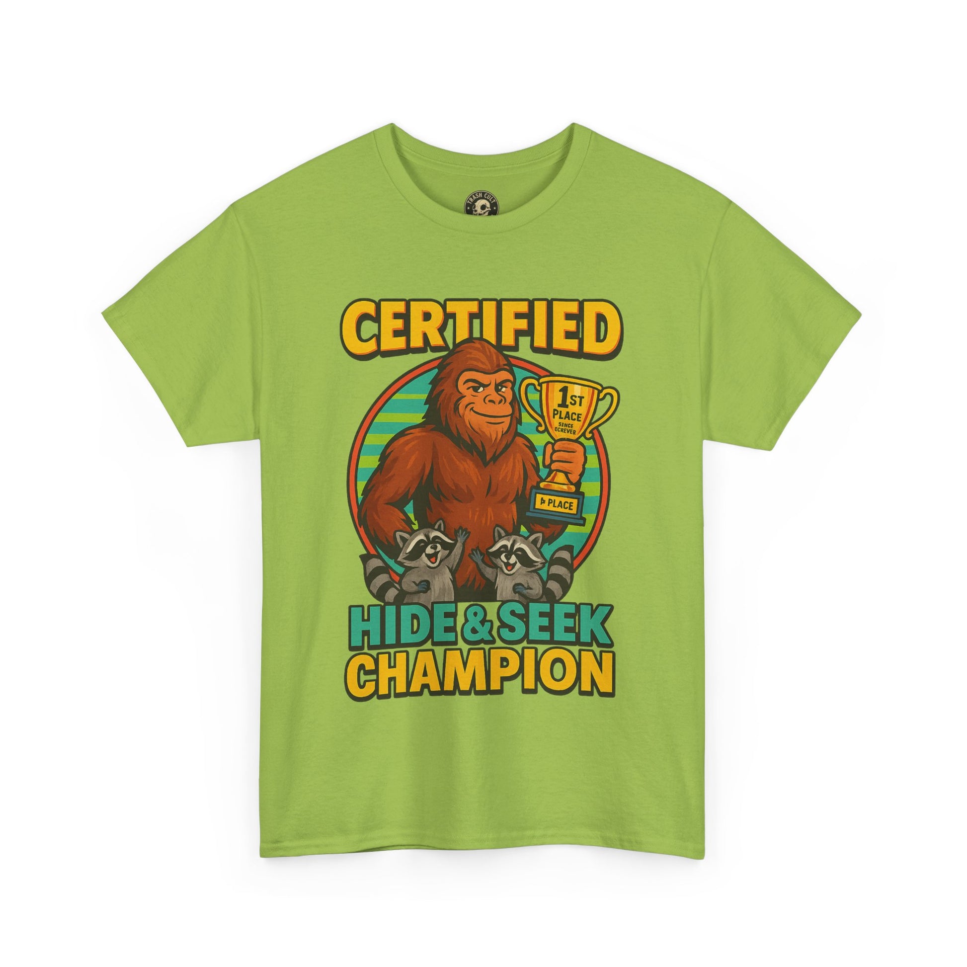 Certified Hide & Seek Champion Bigfoot T-Shirt – Funny Cryptid Shirt – Raccoon Forest Meme Tee – Gildan 5000