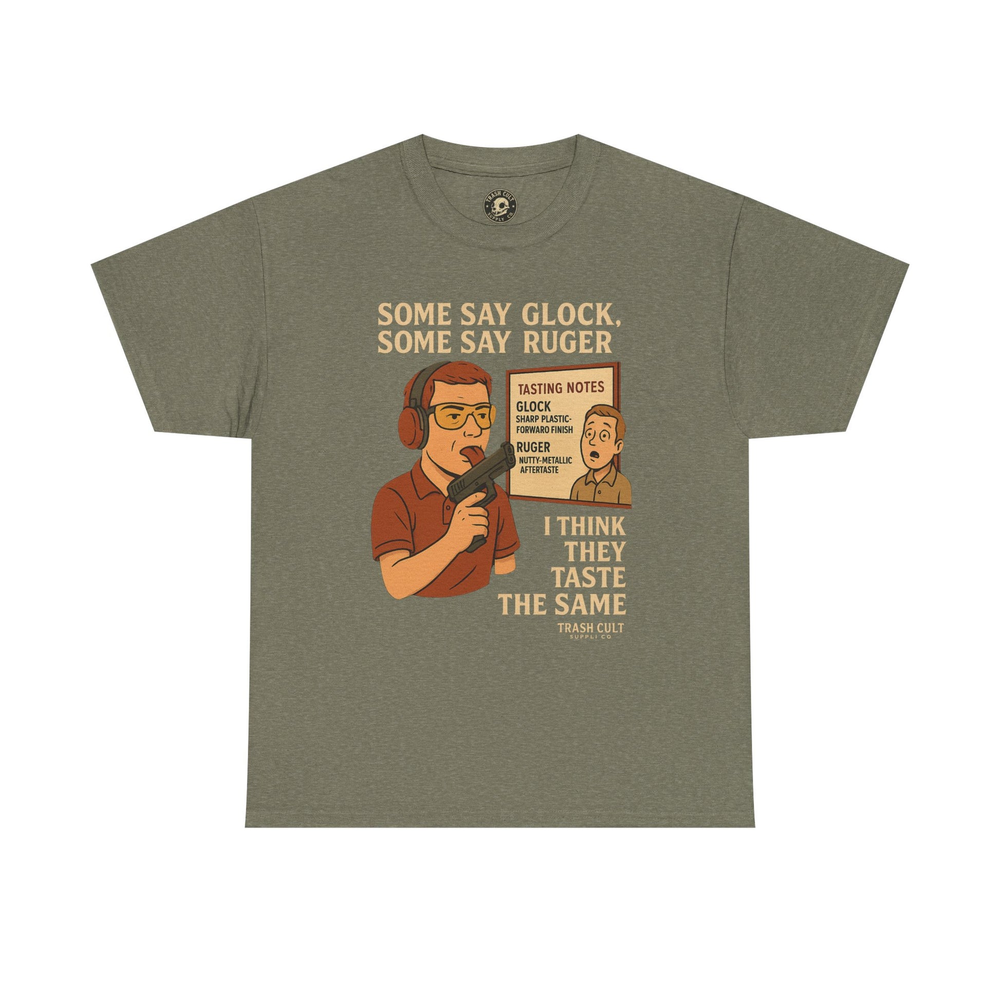 Glock vs Ruger Mouthfeel Shirt – Funny Gun Show Parody Tee | Dark Humor Firearm Tasting Notes Shirt