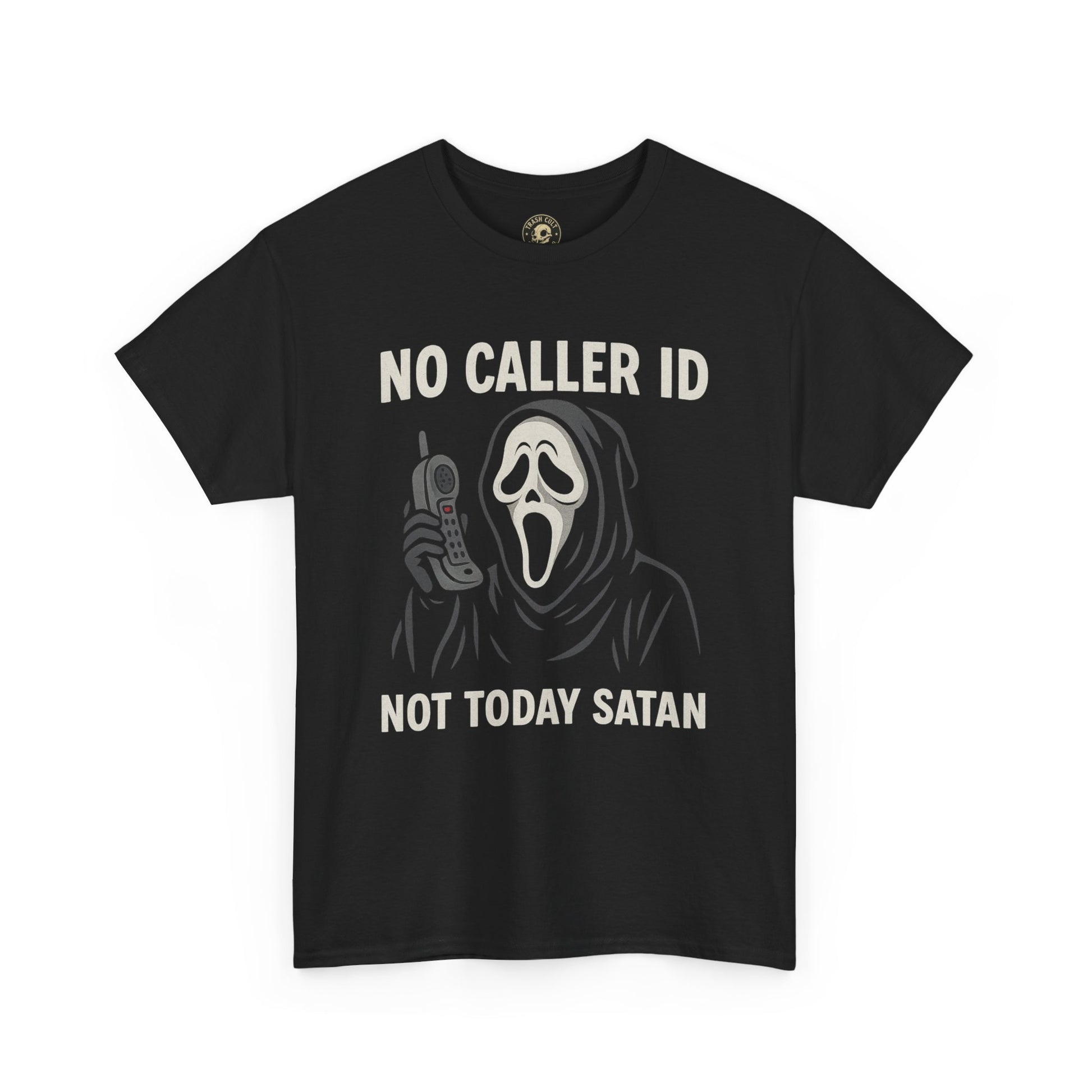 “No Caller ID Not Today Satan” Ghostface Parody Shirt – Funny Horror Graphic Tee – Gildan 5000