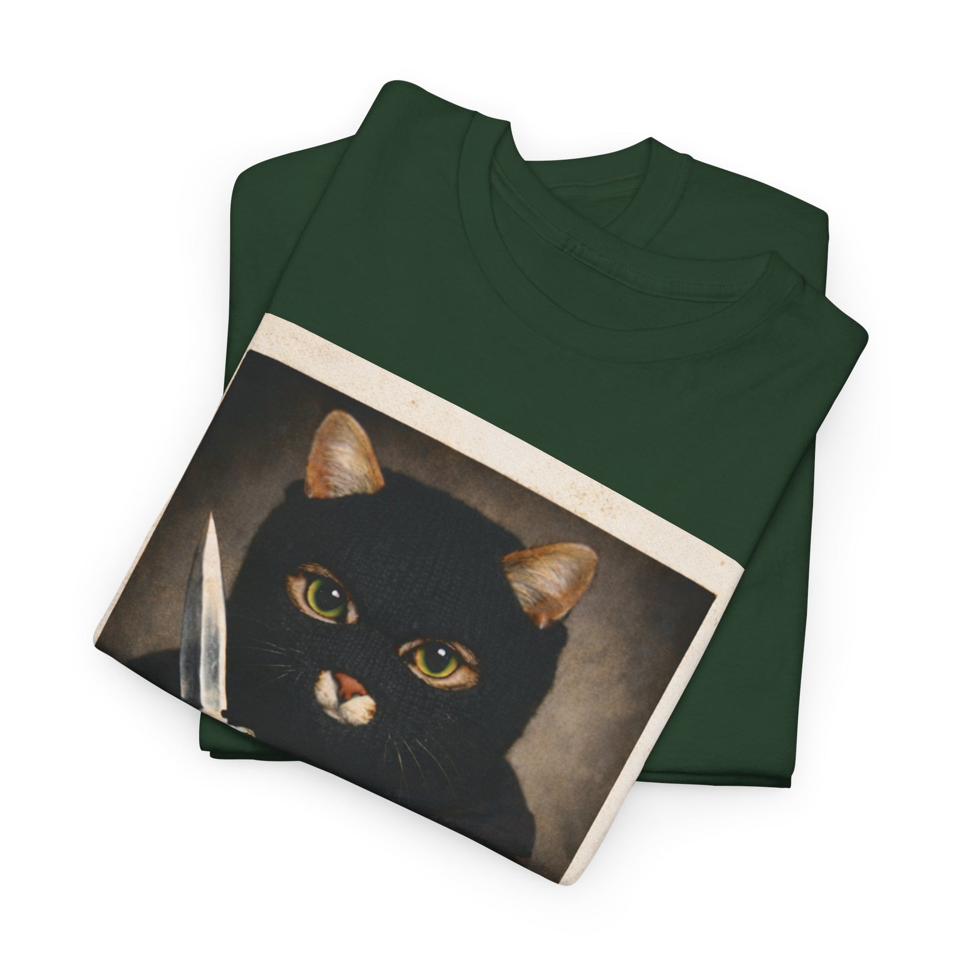 Cat With Knife Tee — "Mittens" Dark Humor Vintage Polaroid Graphic T-Shirt