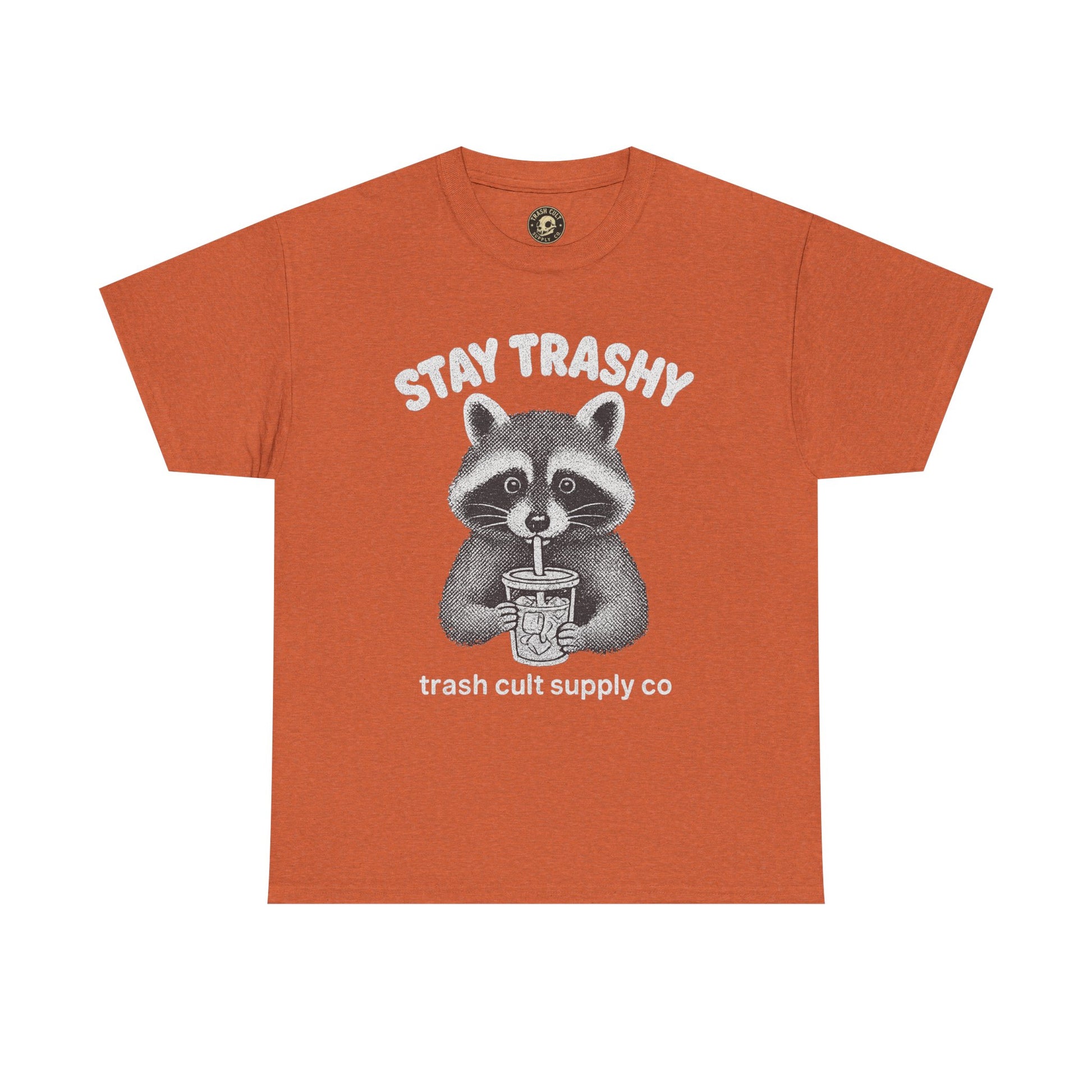 Stay Trashy Raccoon Iced Coffee Shirt – Halftone All White Design | Trash Cult Supply Co.