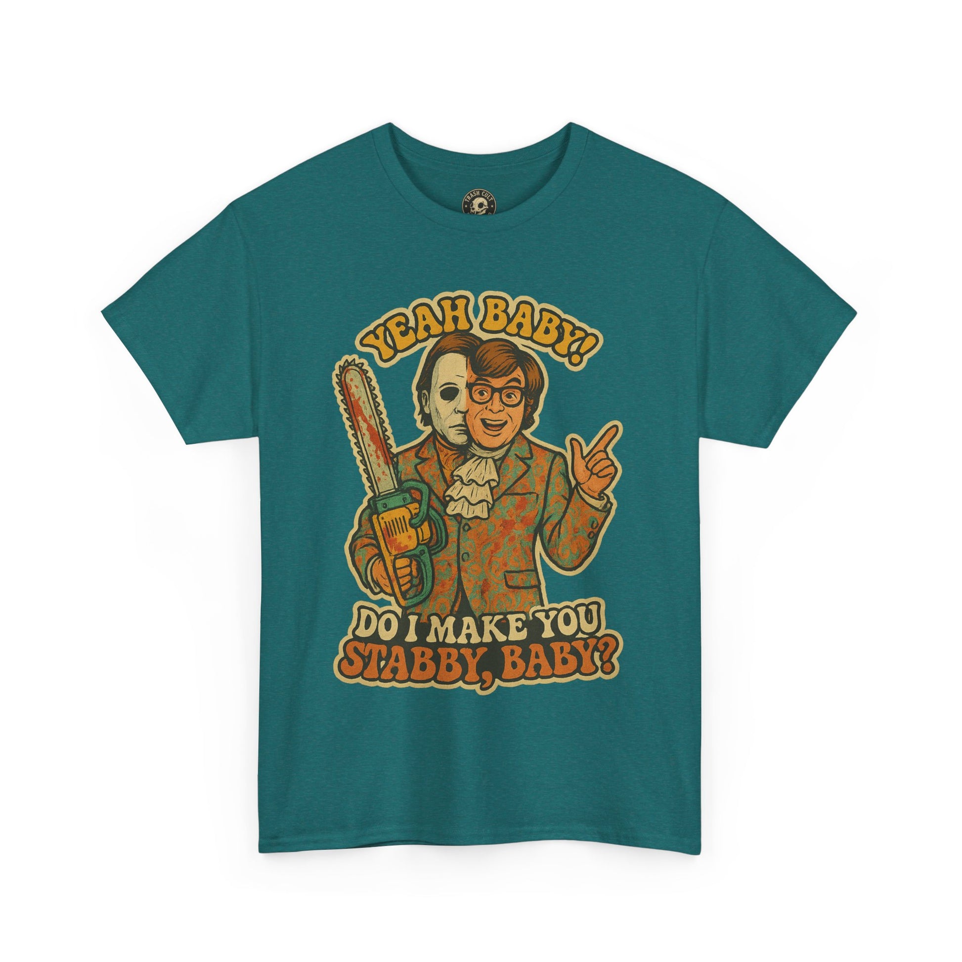 Mike Myers Parody Shirt – “Do I Make You Stabby, Baby?” Funny Horror Mashup Tee – Gildan 5000 Unisex
