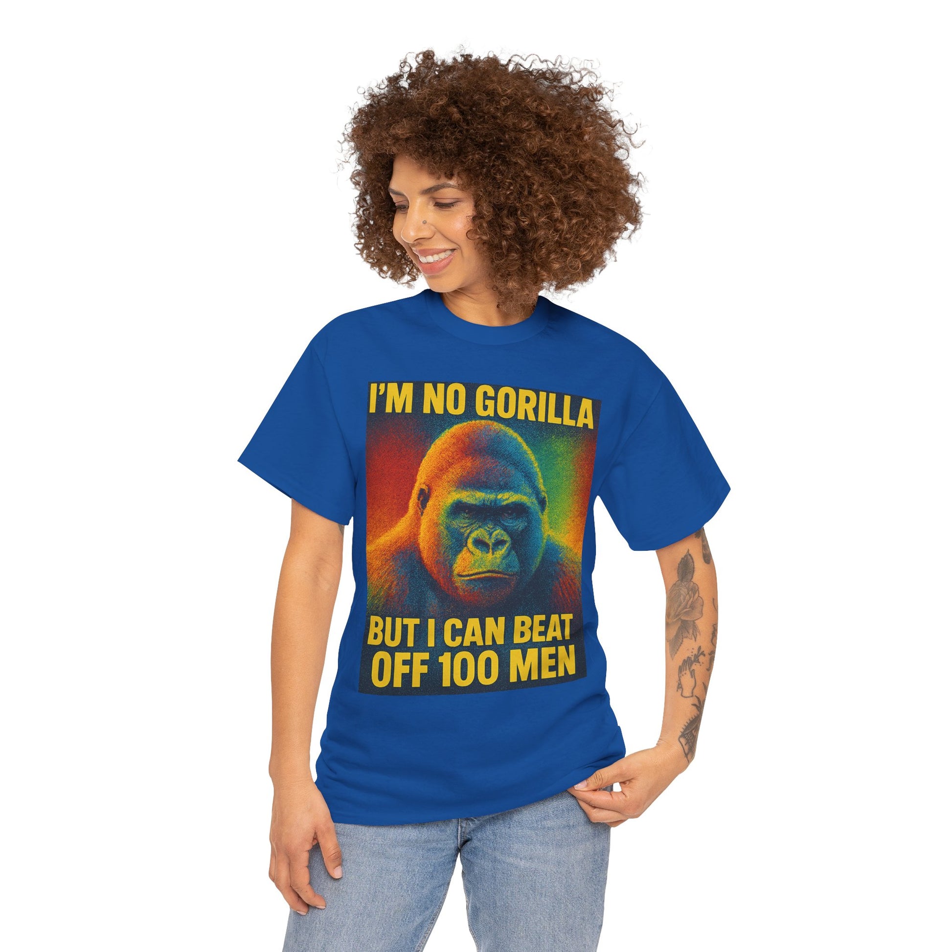 I’m No Gorilla But I Can Beat Off 100 Men Shirt – Multicolor Halftone Gorilla Tee on Gildan 5000