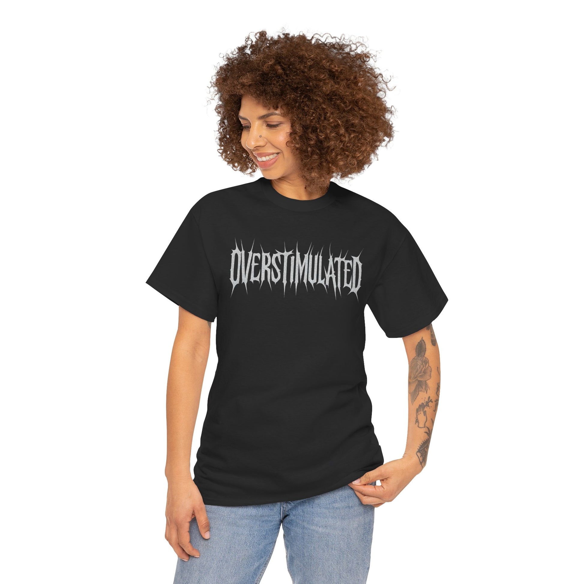 OVERSTIMULATED Metalcore Grunge Shirt – White on Black Distressed Font Tee