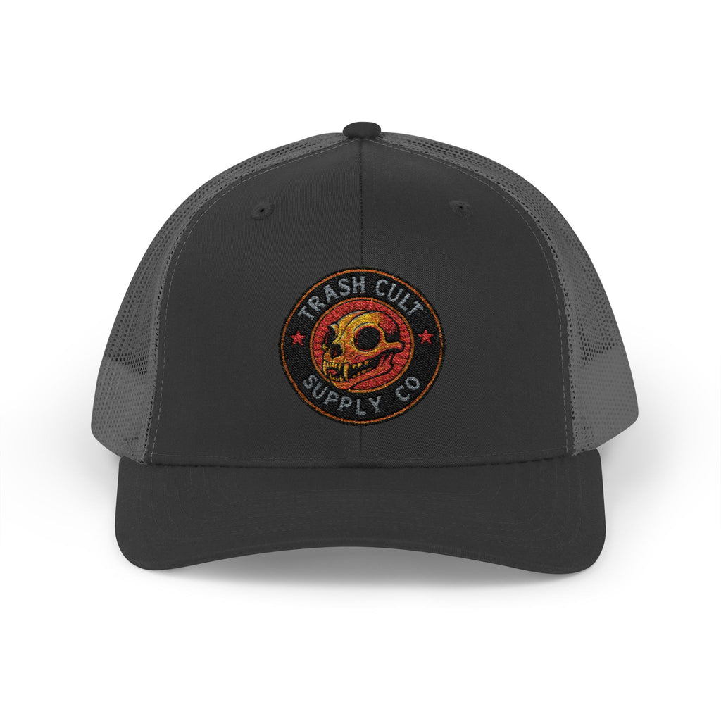 Black trucker cap with embroidered logo on a white background