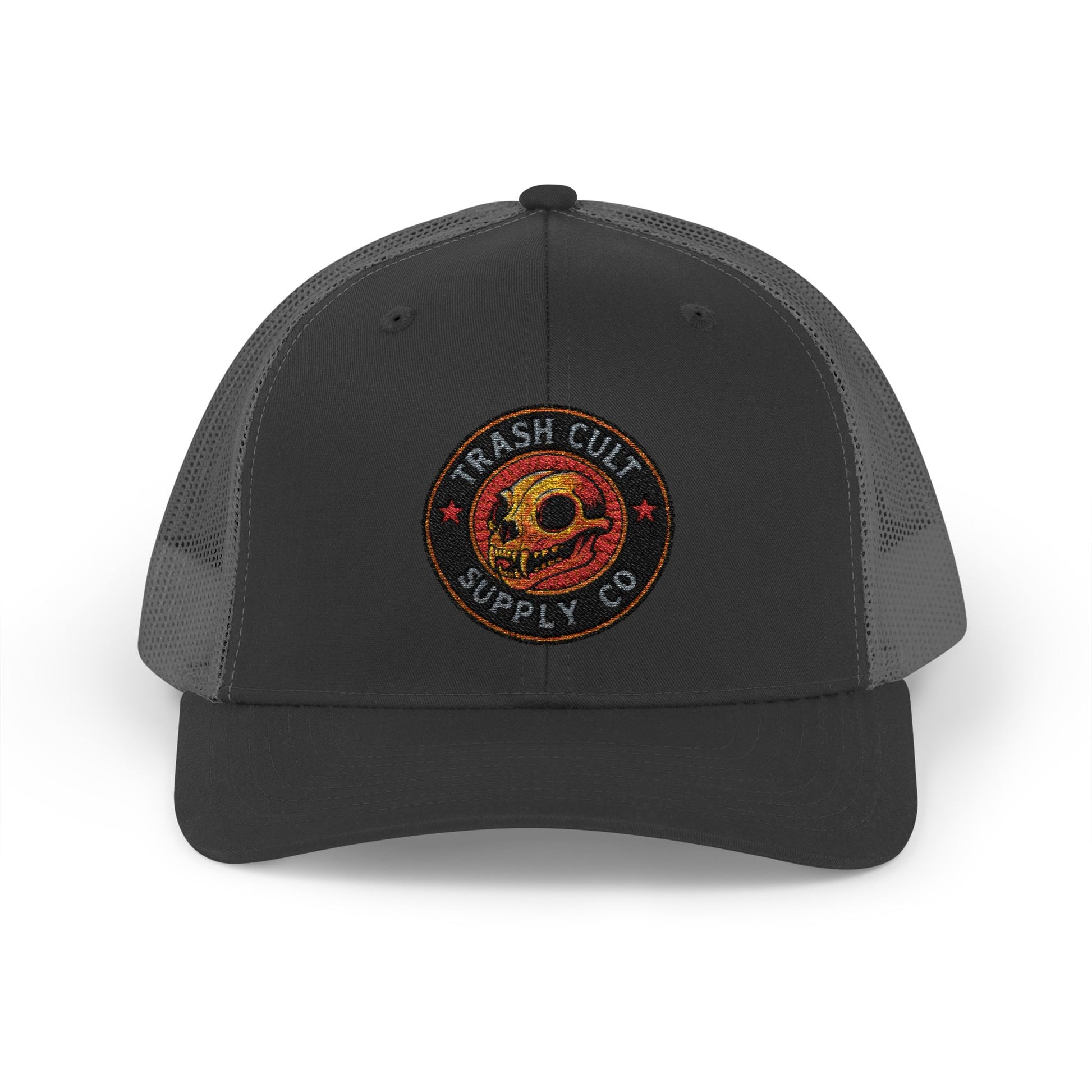 Black trucker cap with embroidered logo on a white background