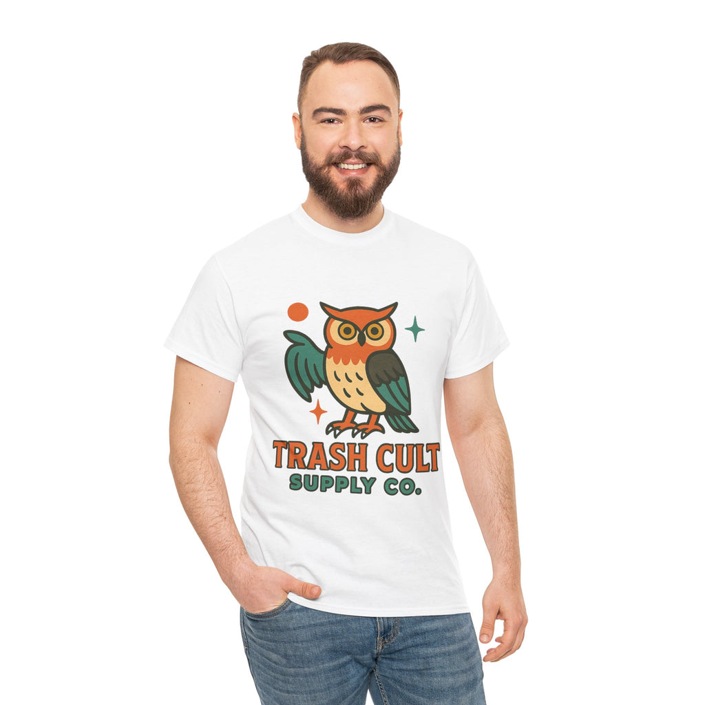 Vintage Owl Graphic Tee, Unisex Heavy Cotton Tee, Trash Cult Shirt, Nature Lover Gift, Eco-Friendly Apparel