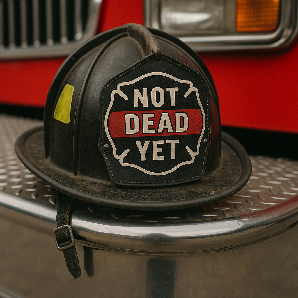 Funny Firefighter Sticker – “Not Dead Yet” Kiss-Cut Vinyl Decal – Glossy Finish, Durable & Waterproof