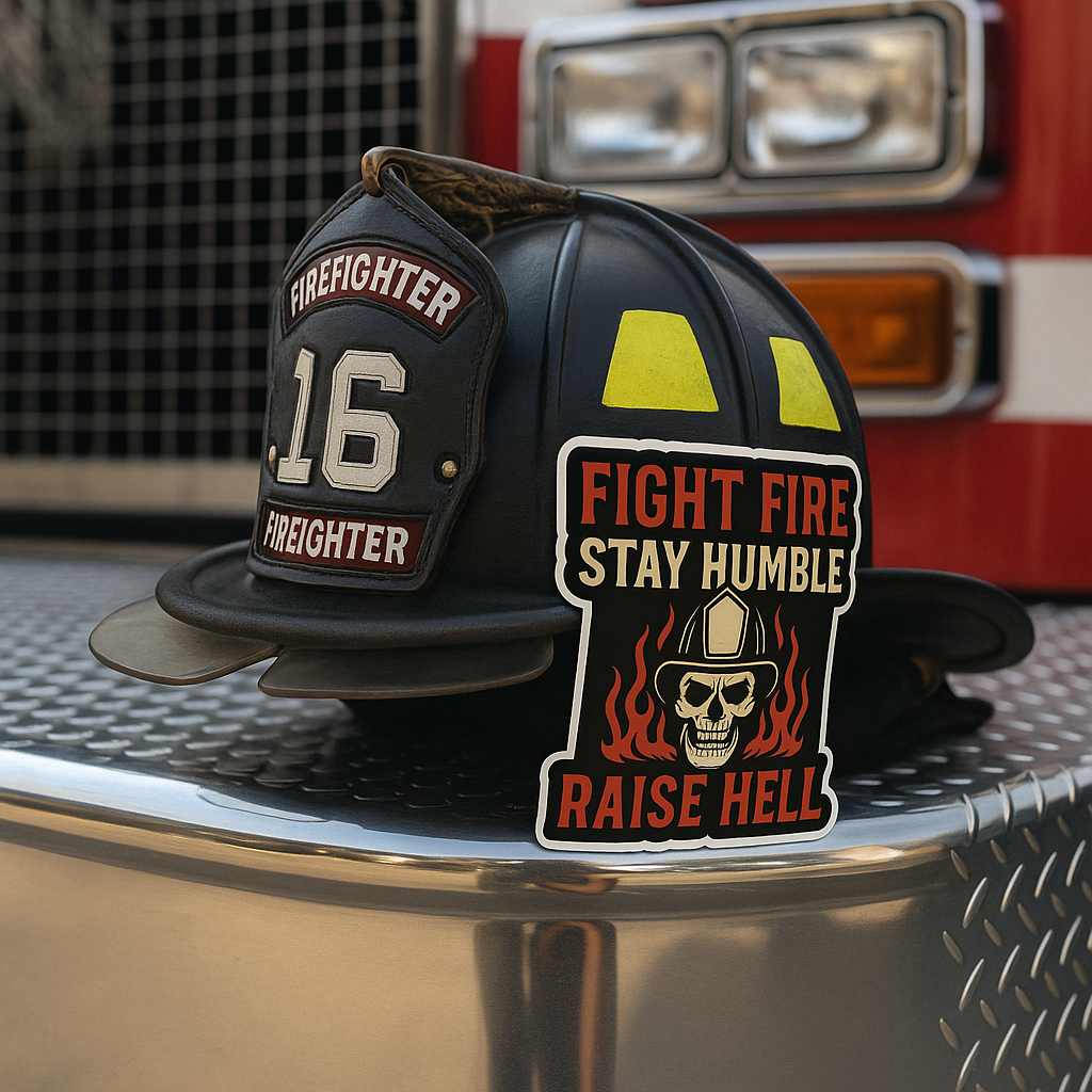 Fight Fire Stay Humble Raise Hell – Skull Firefighter Sticker – Glossy Kiss-Cut Vinyl Decal for Helmets, Gear, and Gifts