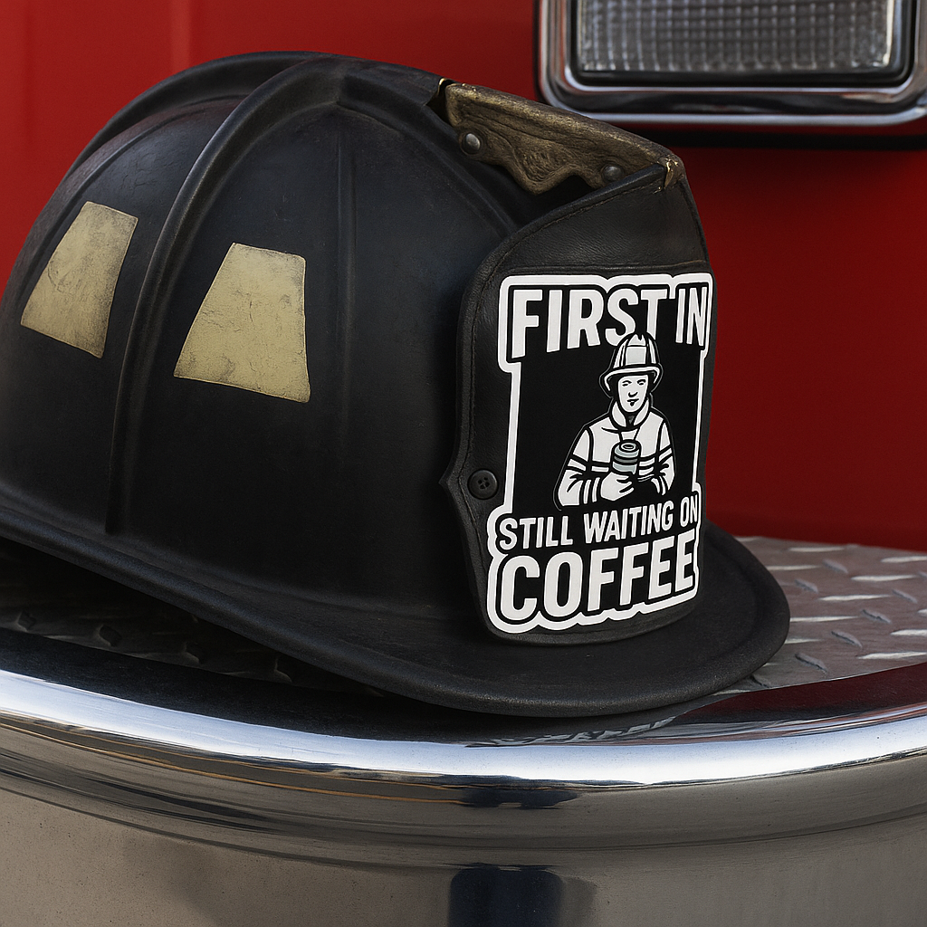 First In Still Waiting on Coffee – Funny Firefighter Sticker – Glossy Kiss-Cut Vinyl Decal for Helmets, Gear, and Station Gifts
