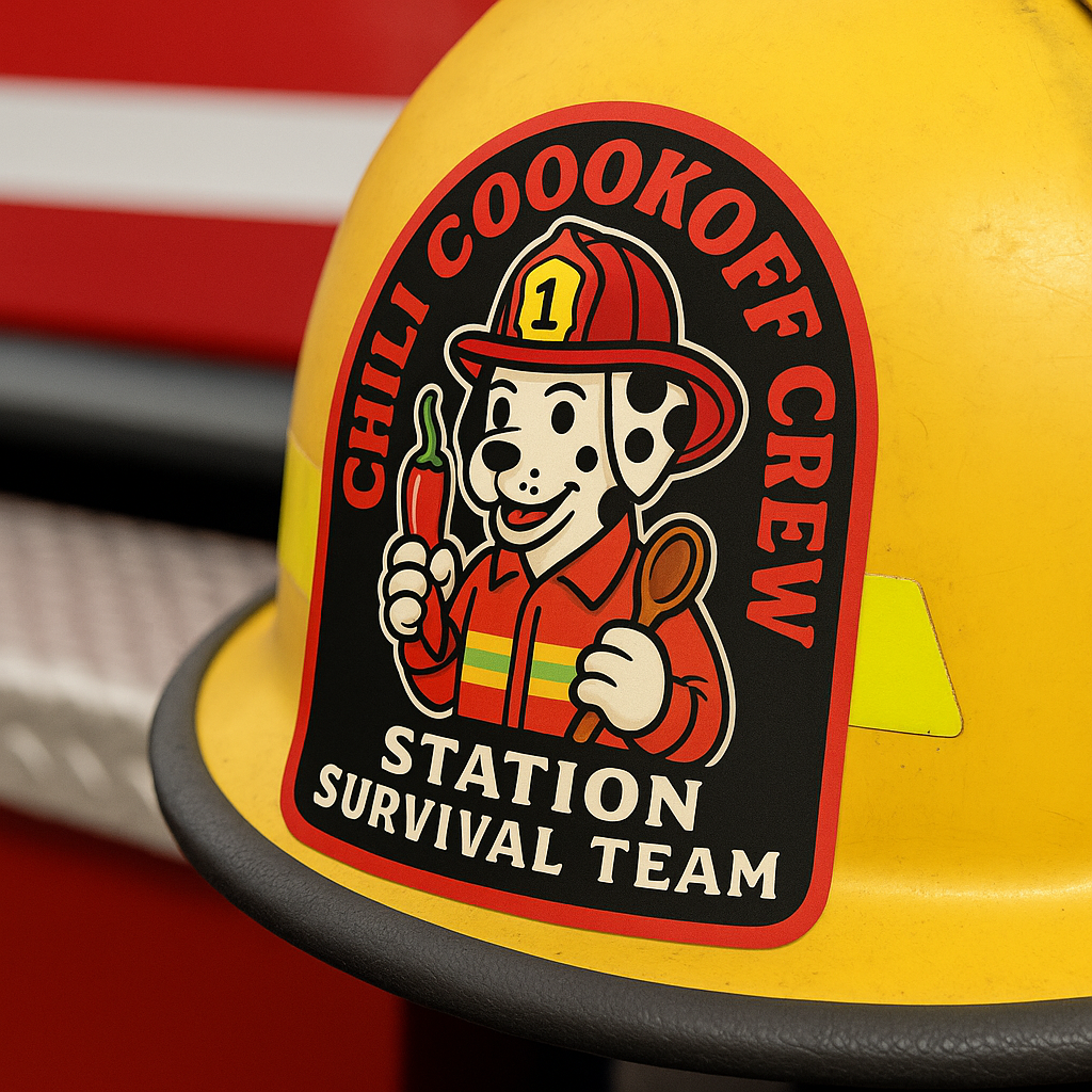 Chili Cookoff Crew – Station Survival Team Sticker – Funny Firefighter Vinyl Decal with Dalmatian Chef Design