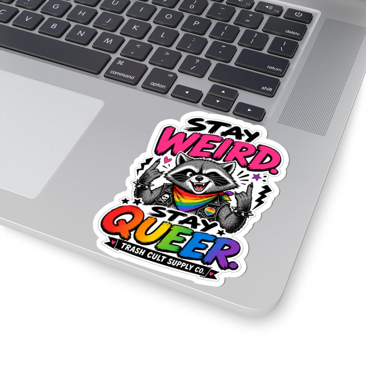 Stay Weird Stay Queer Sticker — Rainbow Raccoon LGBTQ Pride Kiss-Cut Sticker