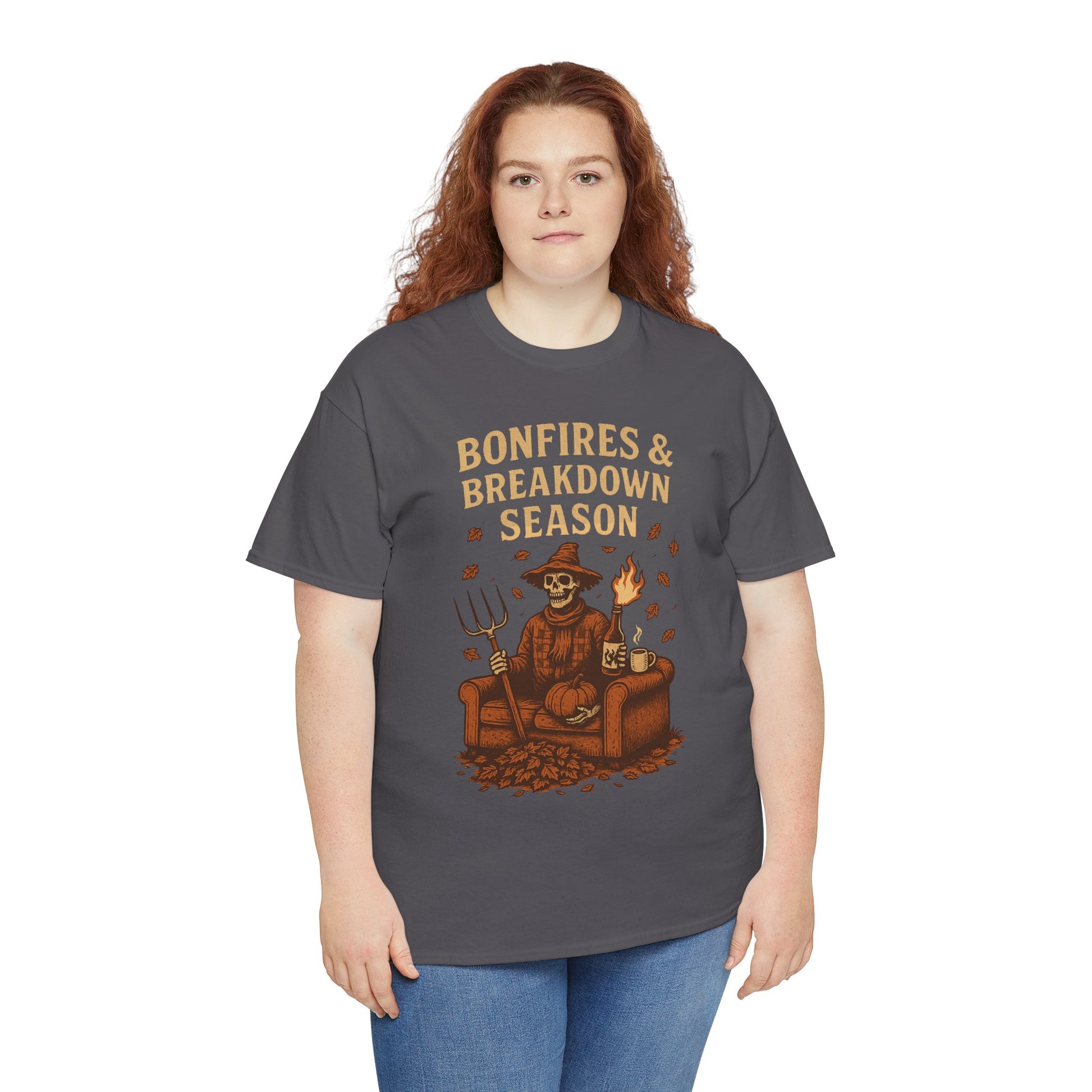 Bonfires & Breakdown Season Shirt – Skeleton Couch Chaos Tee – Fall of Humanity Collection – Trash Cult Supply Co.