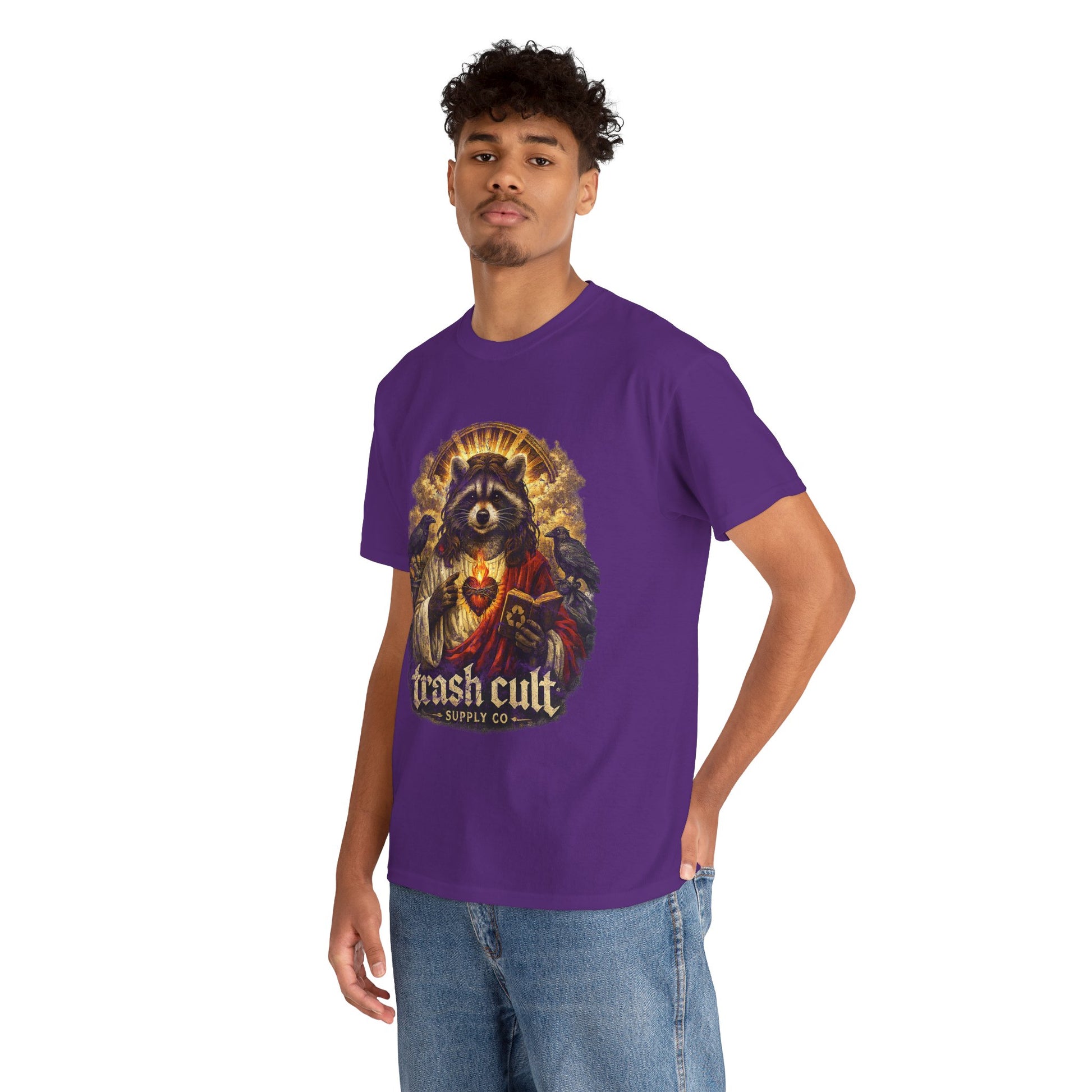 Raccoon Saint Graphic Tee — “Trash Cult” Vintage Devotional Design