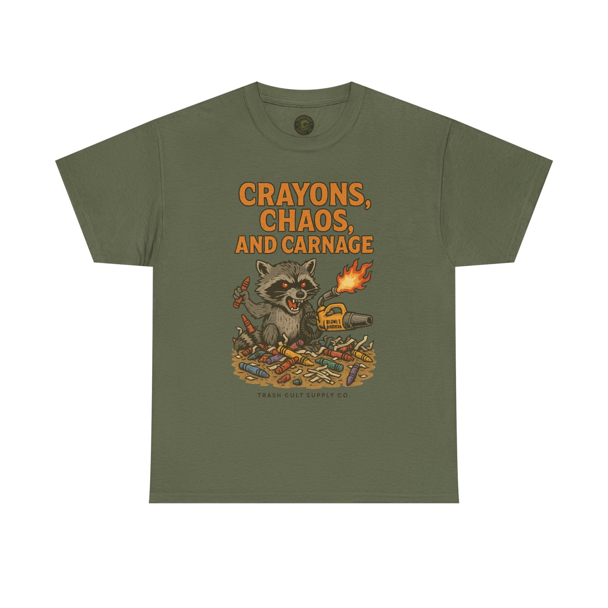 Crayons, Chaos, and Carnage T-Shirt – Dark Humor Raccoon Graphic | Trash Cult Supply Co. | Gildan 5000 Tee