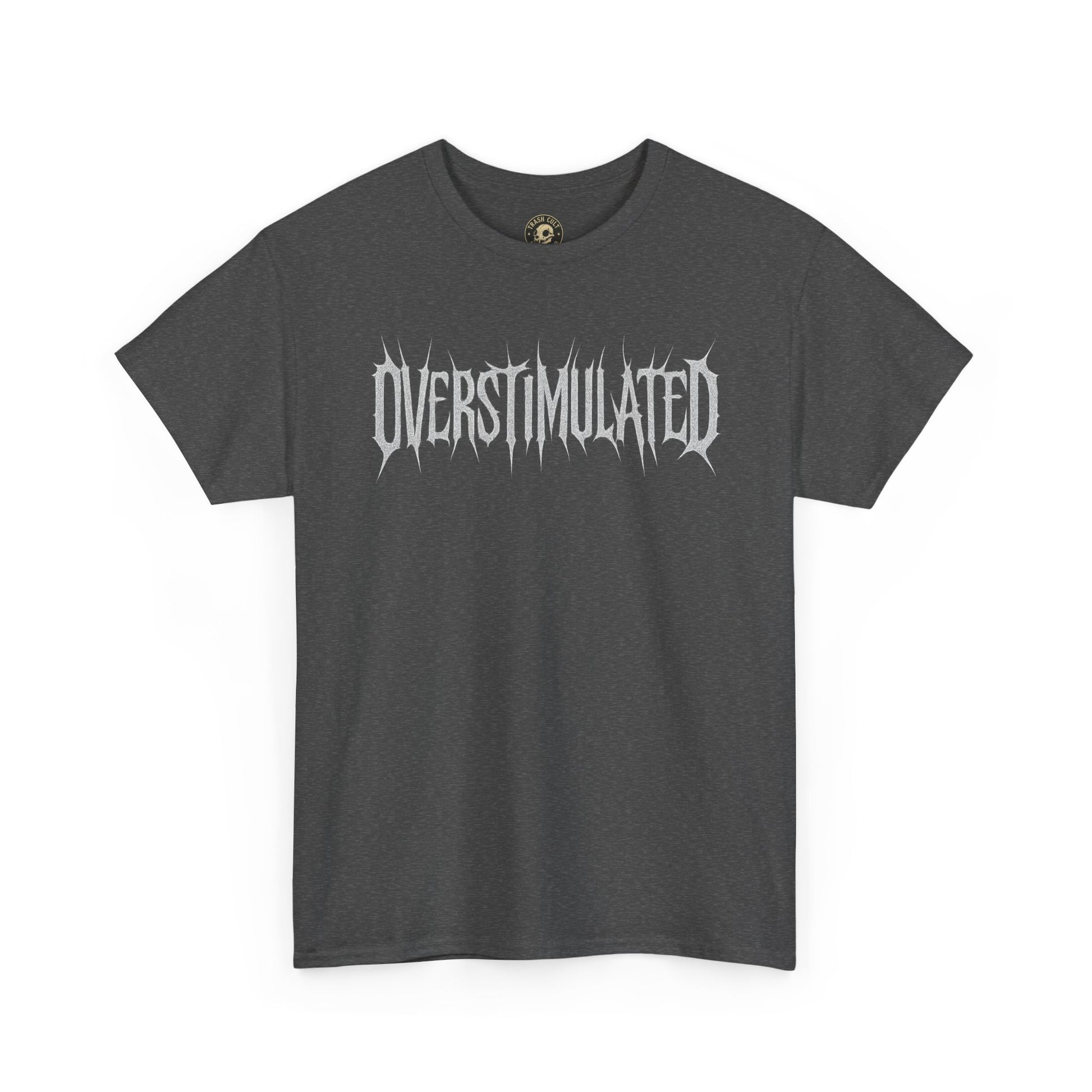 OVERSTIMULATED Metalcore Grunge Shirt – White on Black Distressed Font Tee