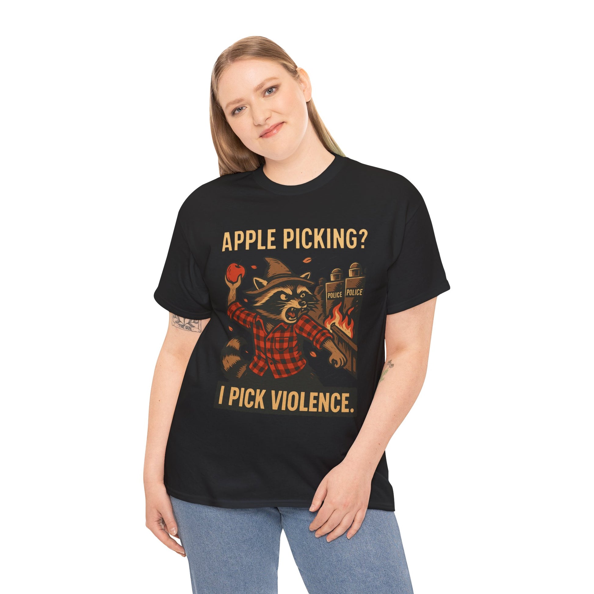 Apple Picking? I Pick Violence Shirt – Angry Raccoon Riot Tee – Fall of Humanity Collection – Trash Cult Supply Co.
