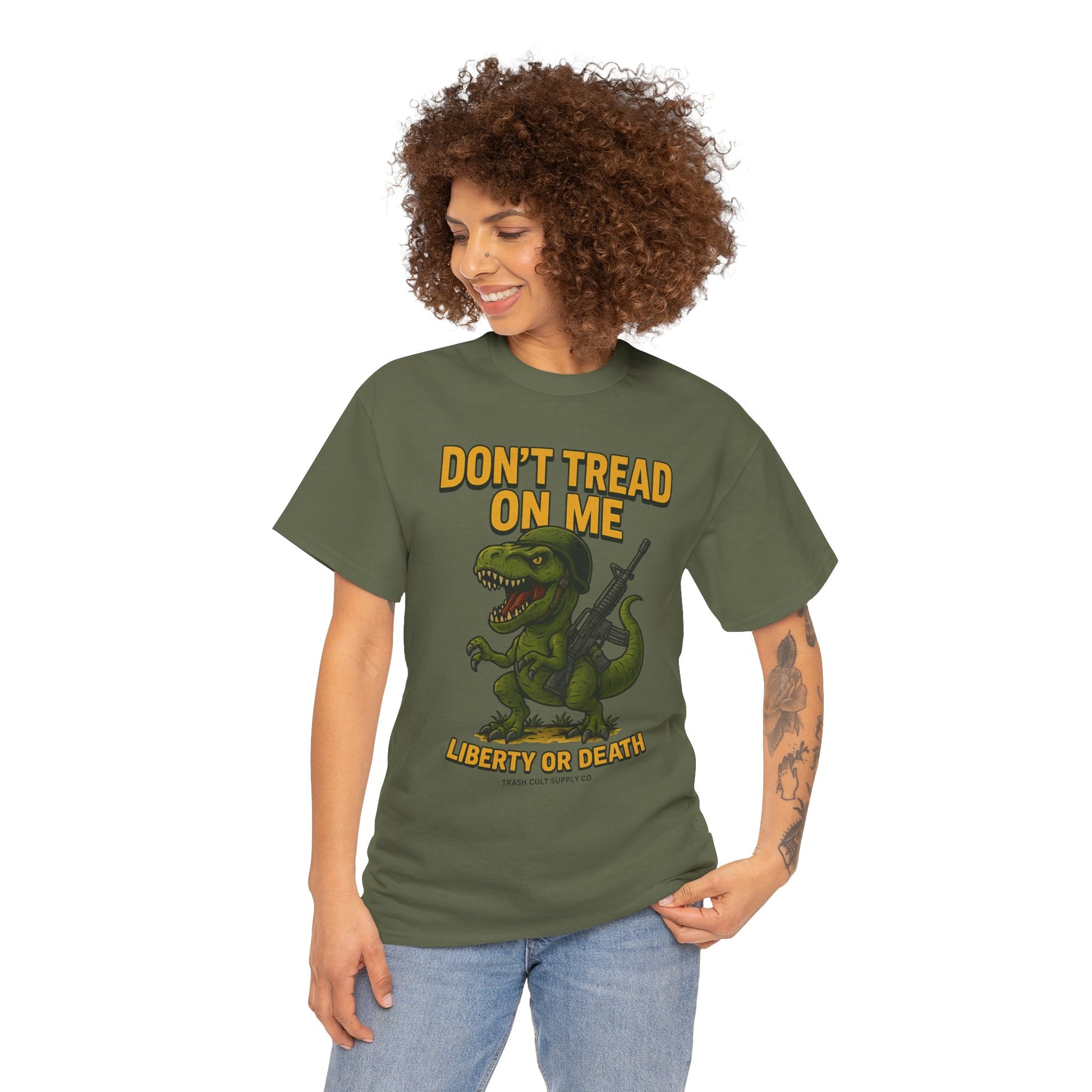 Don’t Tread On Me T-Rex T-Shirt – Liberty or Death Graphic | Trash Cult Supply Co. | Gildan 5000 Heavy Cotton