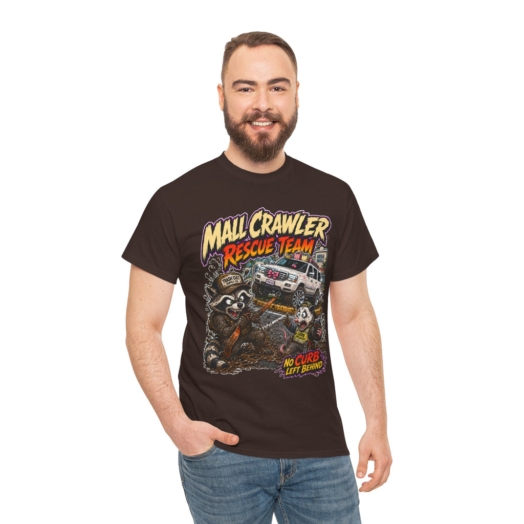 Mall Crawler Rescue Team T‑Shirt — Vintage Raccoon Rescue Graphic Tee (“No Curb Left Behind”)