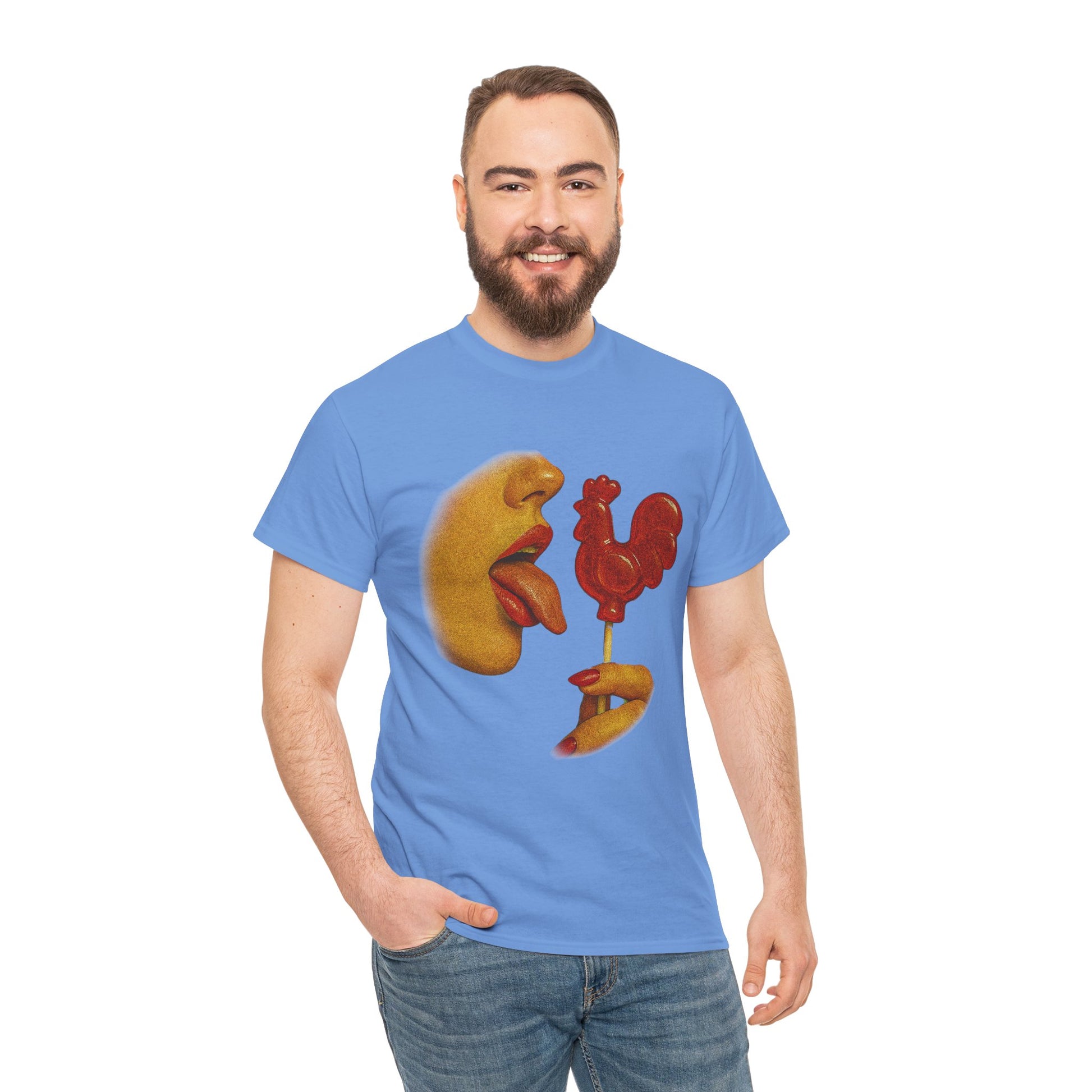 Bold Retro Halftone Tease – Red Rooster Lollipop Graphic Tee