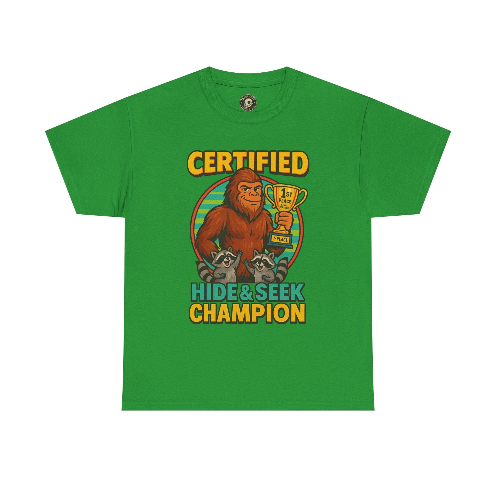 Certified Hide & Seek Champion Bigfoot T-Shirt – Funny Cryptid Shirt – Raccoon Forest Meme Tee – Gildan 5000